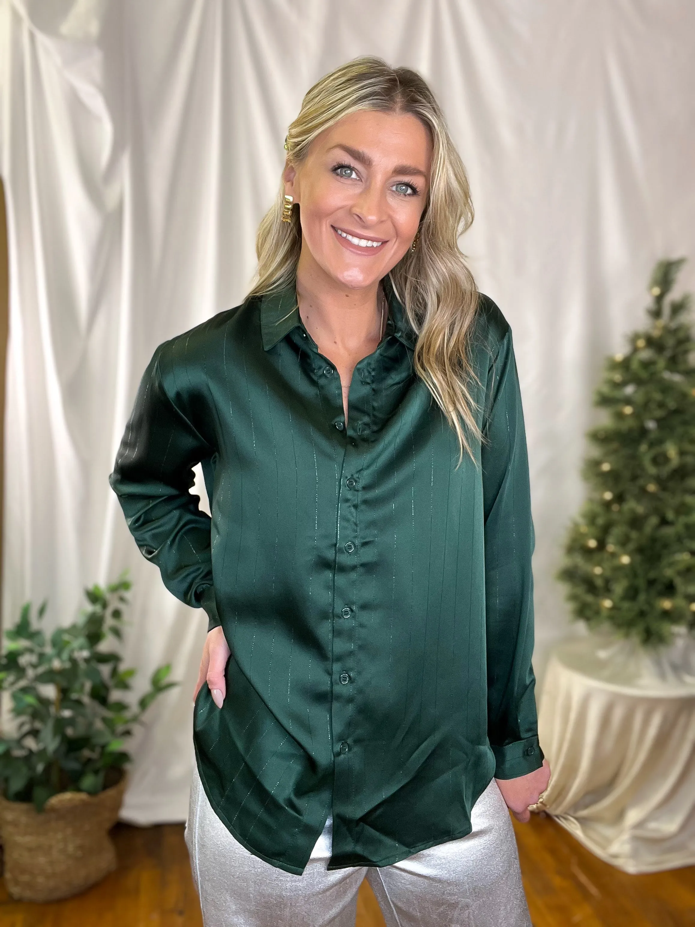 Hunter Green & Metallic Stripe Satin Collared Button Up Top