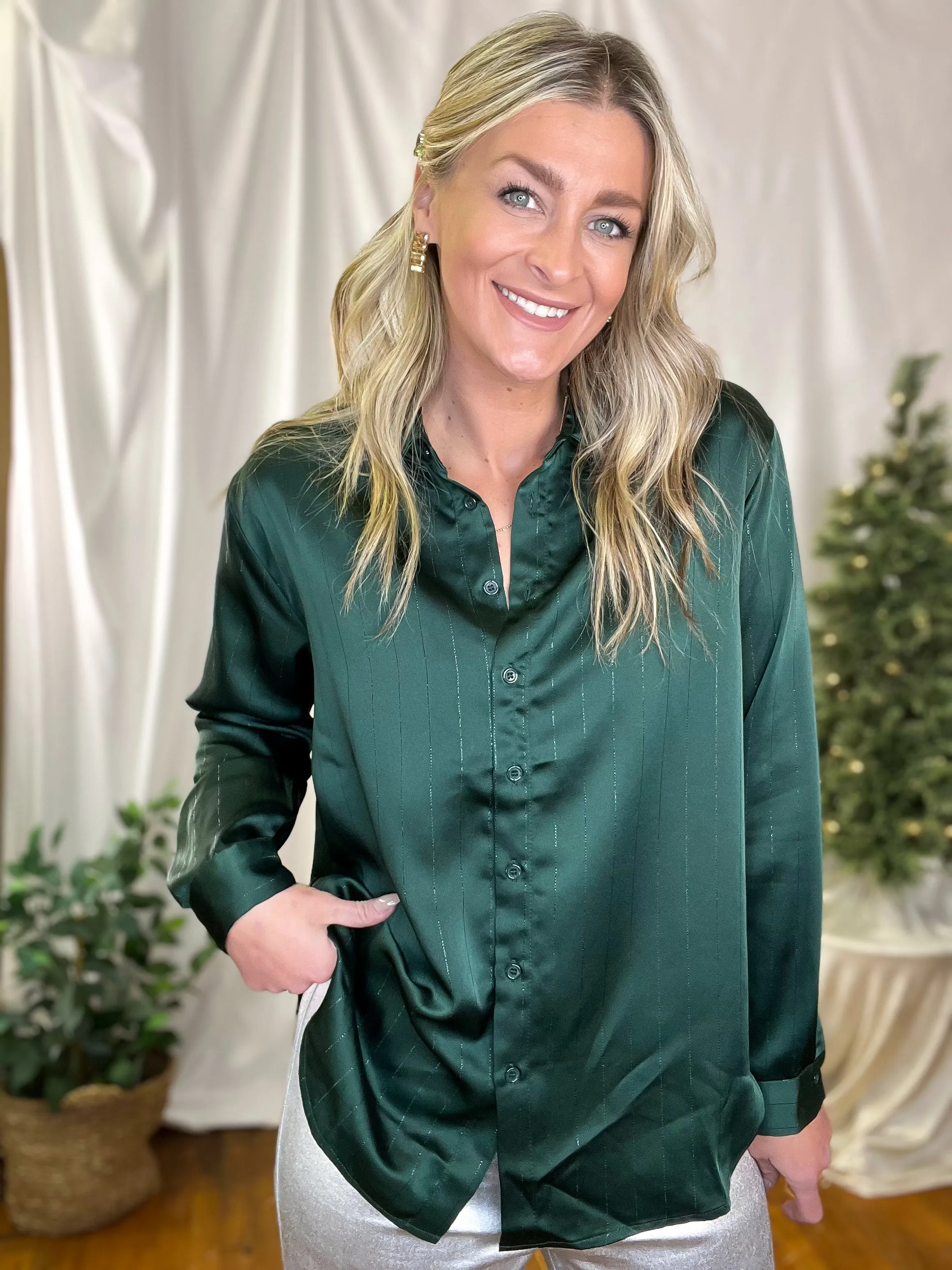 Hunter Green & Metallic Stripe Satin Collared Button Up Top