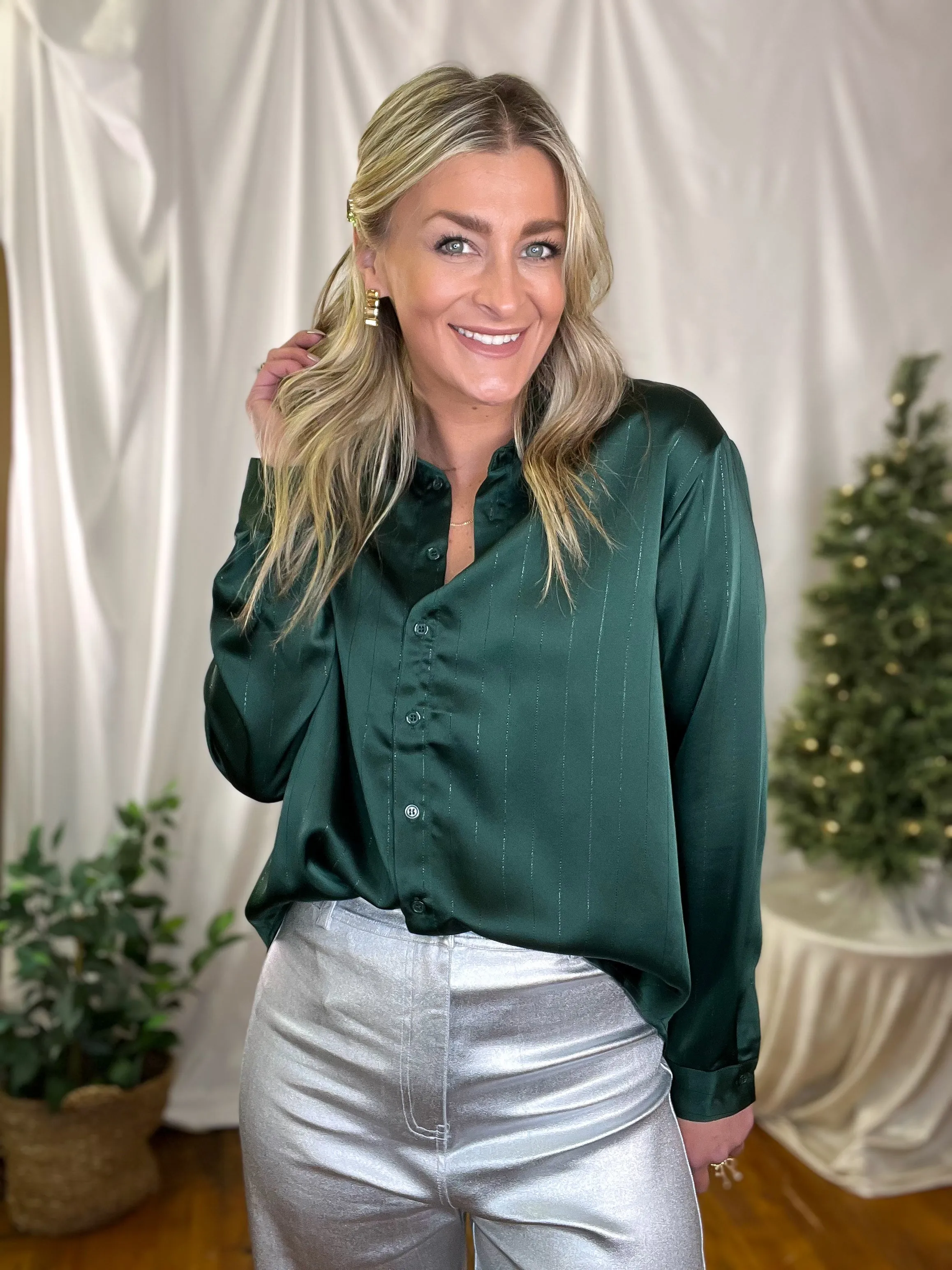 Hunter Green & Metallic Stripe Satin Collared Button Up Top