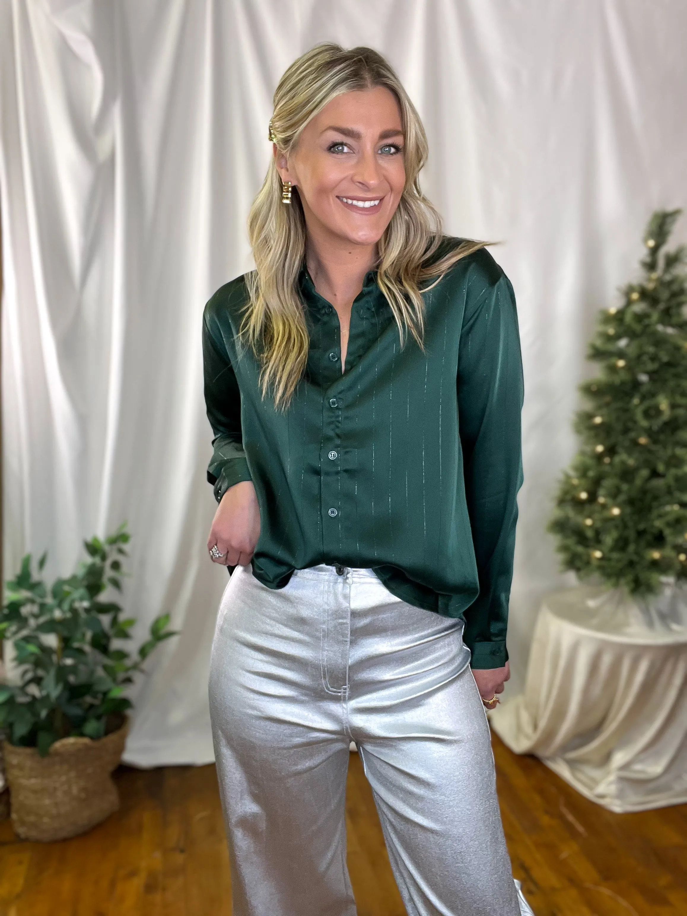 Hunter Green & Metallic Stripe Satin Collared Button Up Top