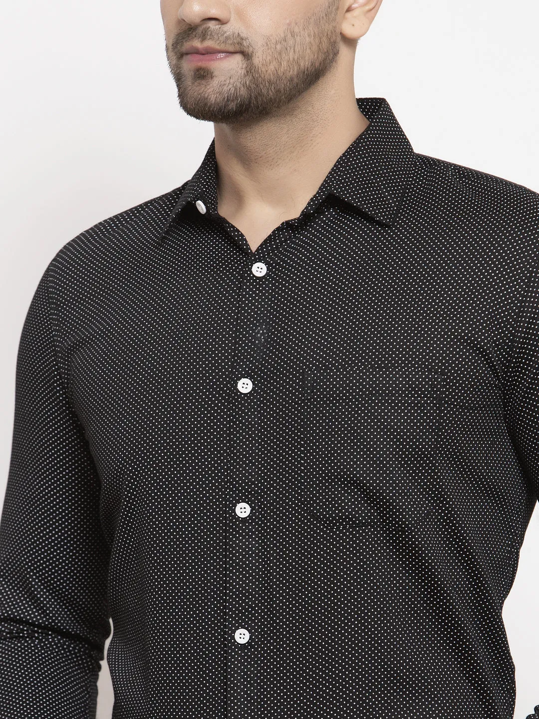 Jashvi Black Men's Cotton Polka Dots Formal Shirts