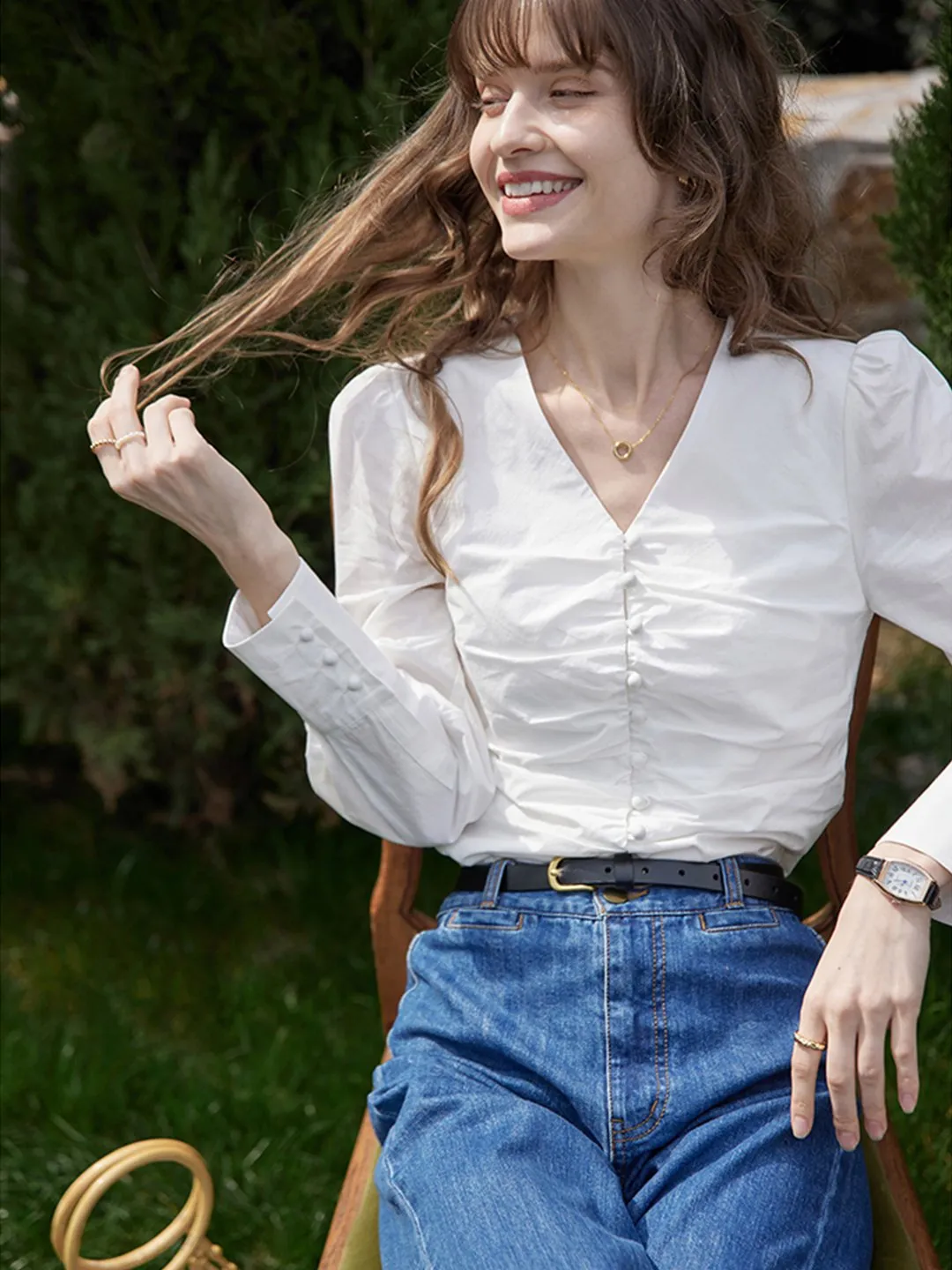 Jasmine Elegant V-Neck Puff sleeve Top-White