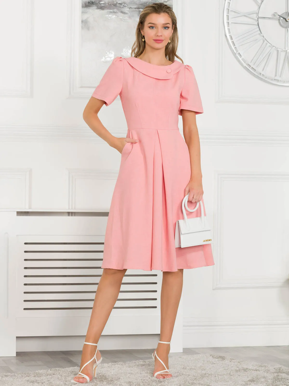 Jolie Moi Valery Button Collar Dress, Rose Mist