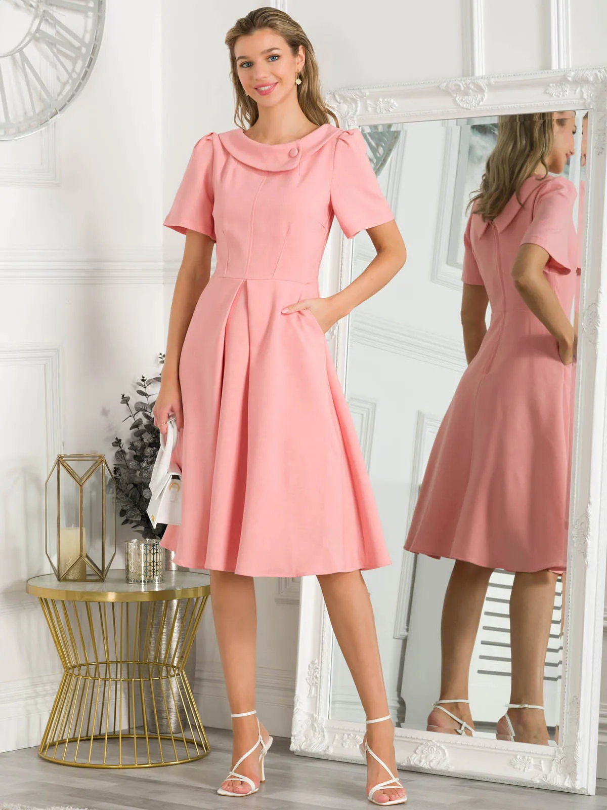 Jolie Moi Valery Button Collar Dress, Rose Mist