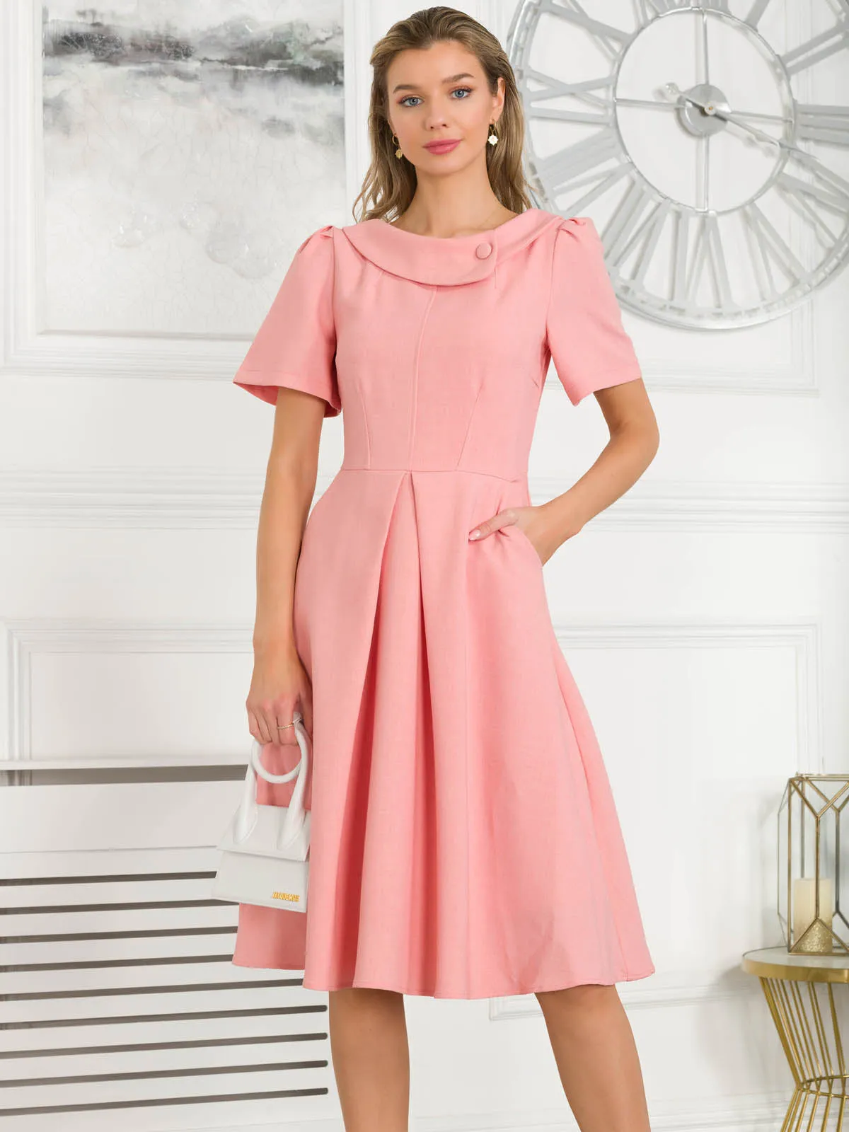 Jolie Moi Valery Button Collar Dress, Rose Mist