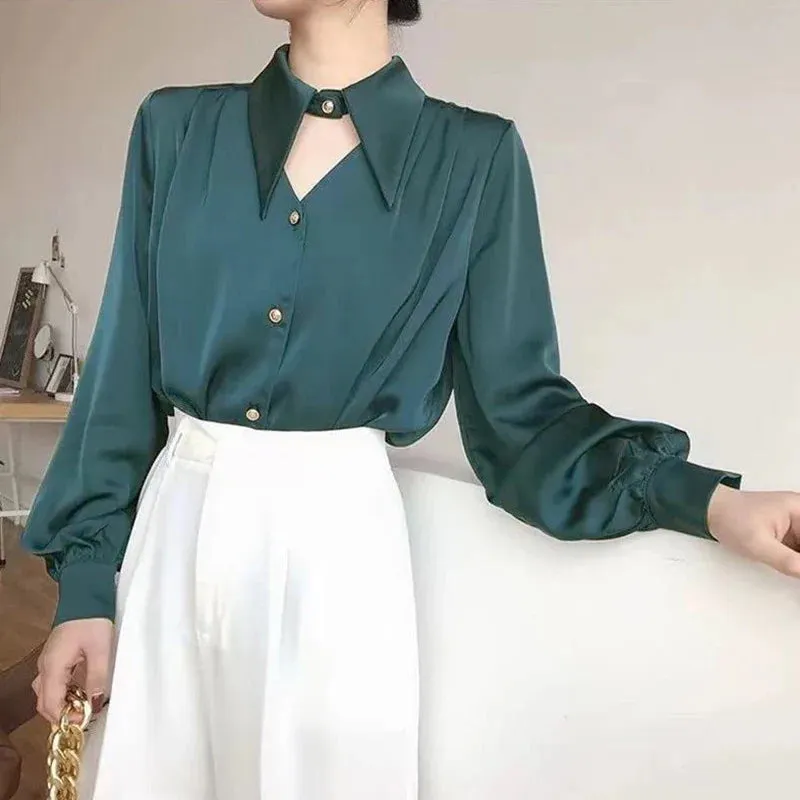 Long French Soft Elegant Simple Hollow Out Blouse