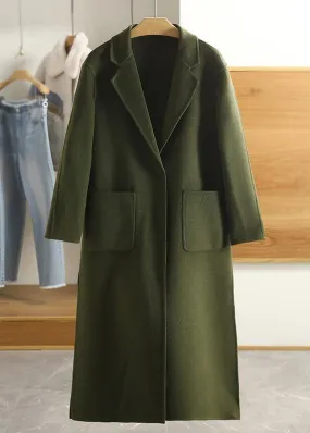 Luxury Army Green Wool Overcoat Casual Notched Pockets Winter Coat