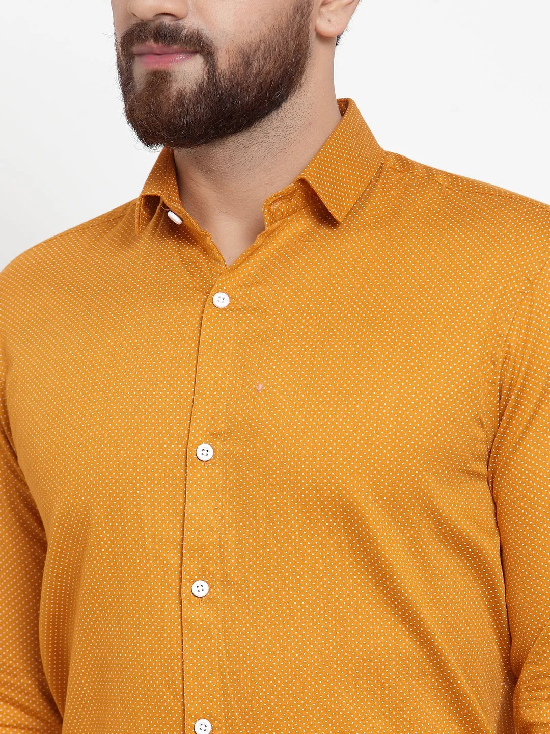 Men's Yellow Cotton Polka Dots Formal Shirts ( SF 736Mustard ) - Jainish