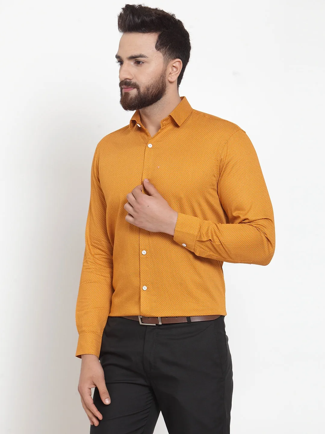 Men's Yellow Cotton Polka Dots Formal Shirts ( SF 736Mustard ) - Jainish