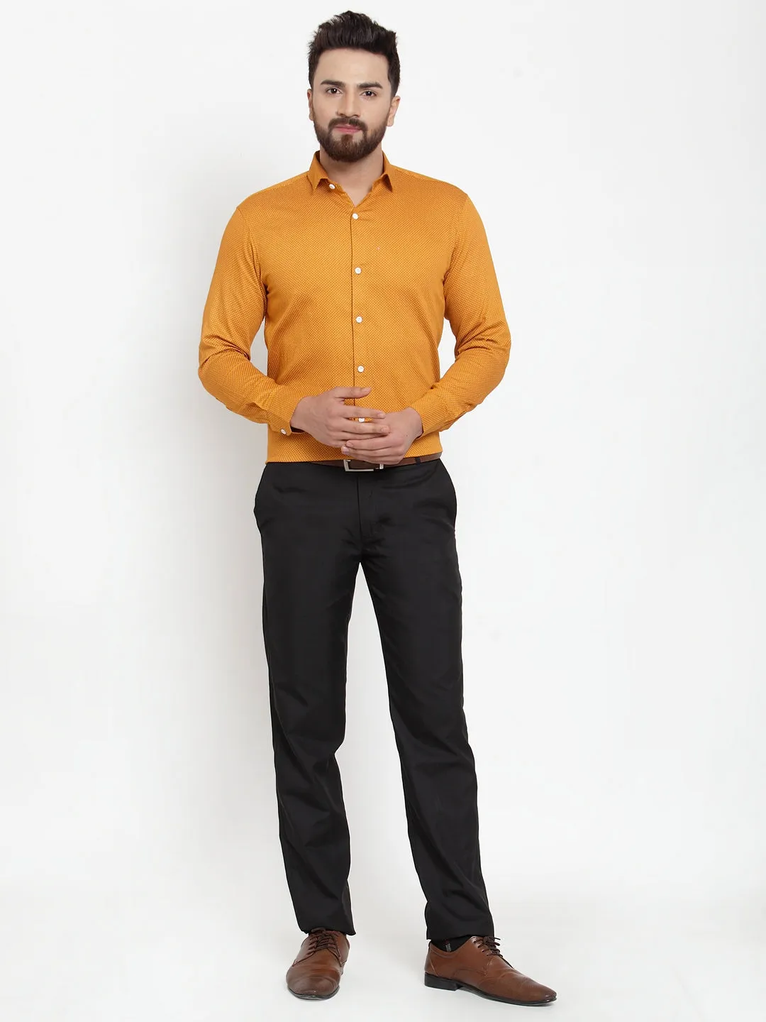 Men's Yellow Cotton Polka Dots Formal Shirts ( SF 736Mustard ) - Jainish