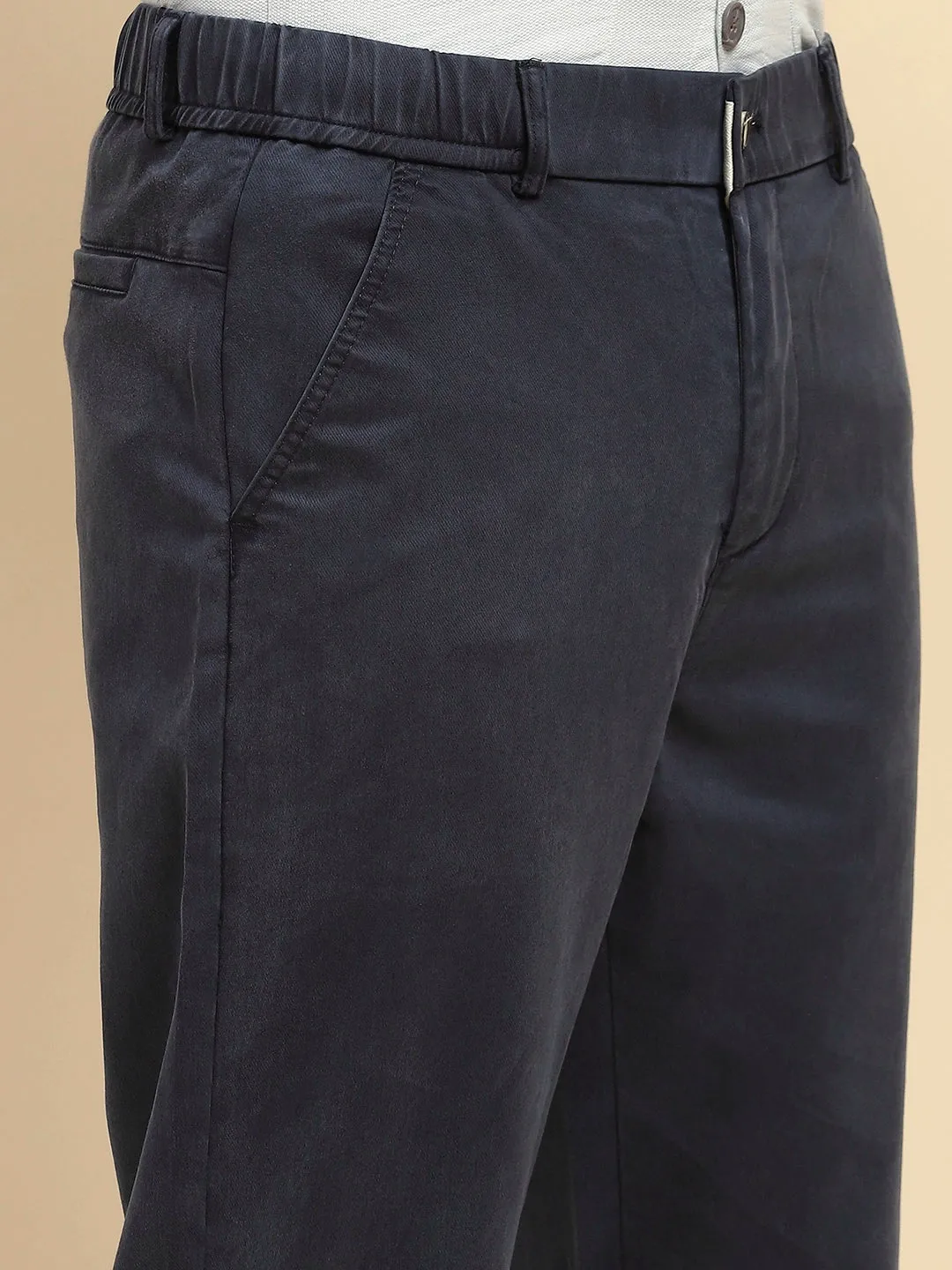 Navy Blue Cotton Blend Slim Fit Trouser For Men