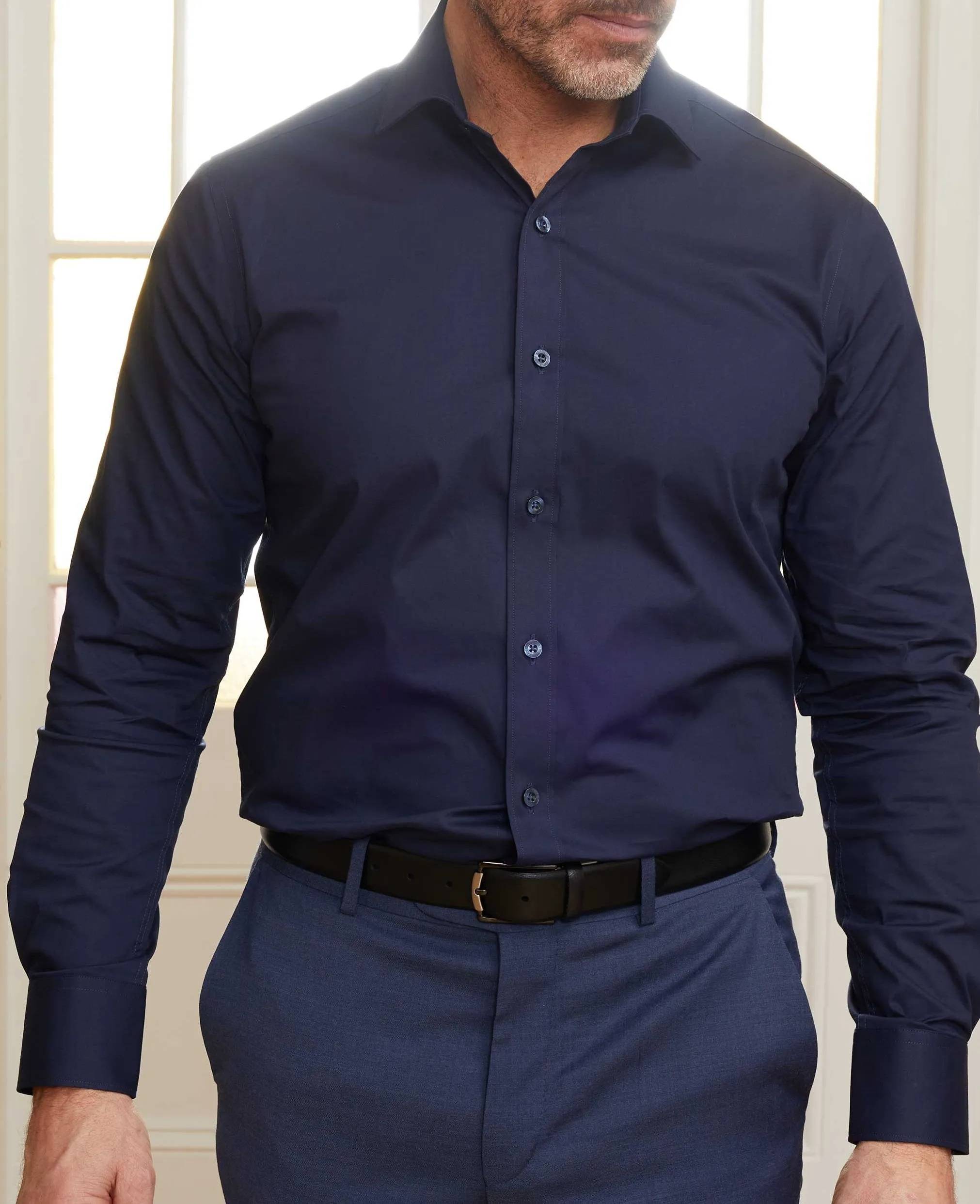 Navy Slim Fit Stretch Formal Shirt - Single Cuff