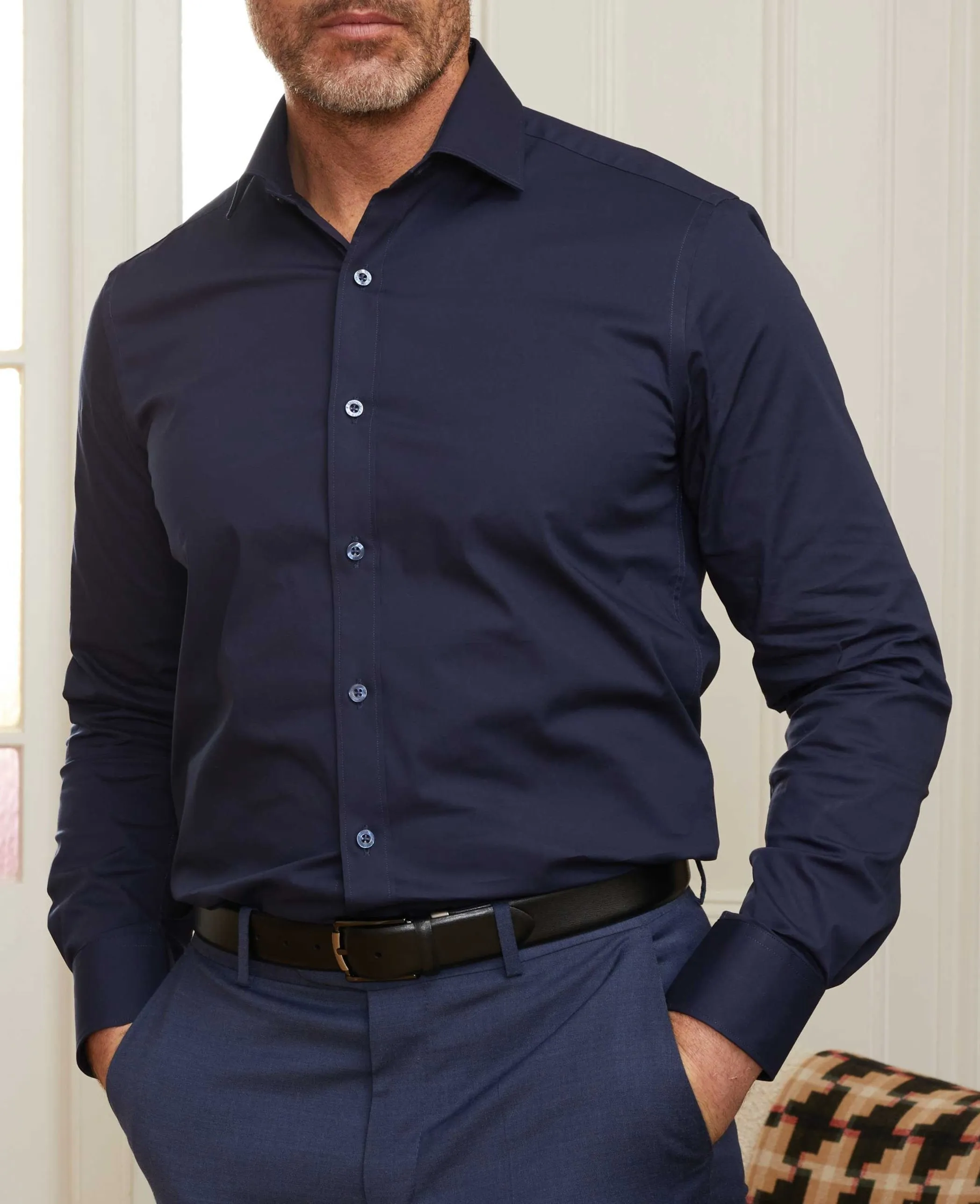 Navy Slim Fit Stretch Formal Shirt - Single Cuff