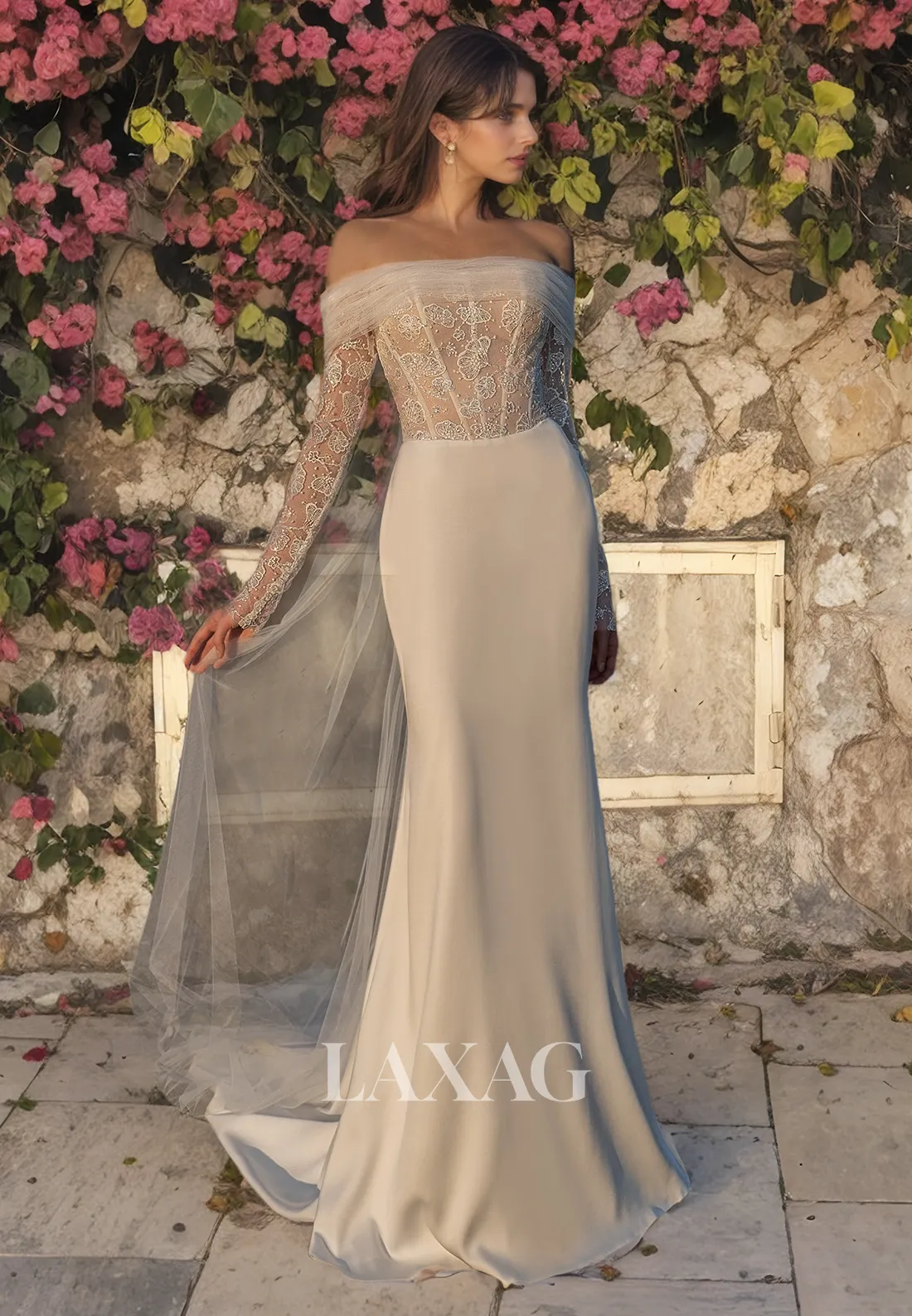 Off Shoulder Long Sleeves Sequins Appliques Tulle Wedding Dress with Train