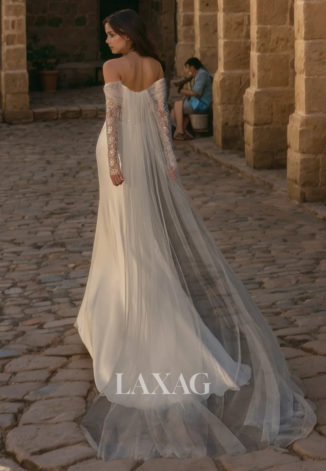 Off Shoulder Long Sleeves Sequins Appliques Tulle Wedding Dress with Train