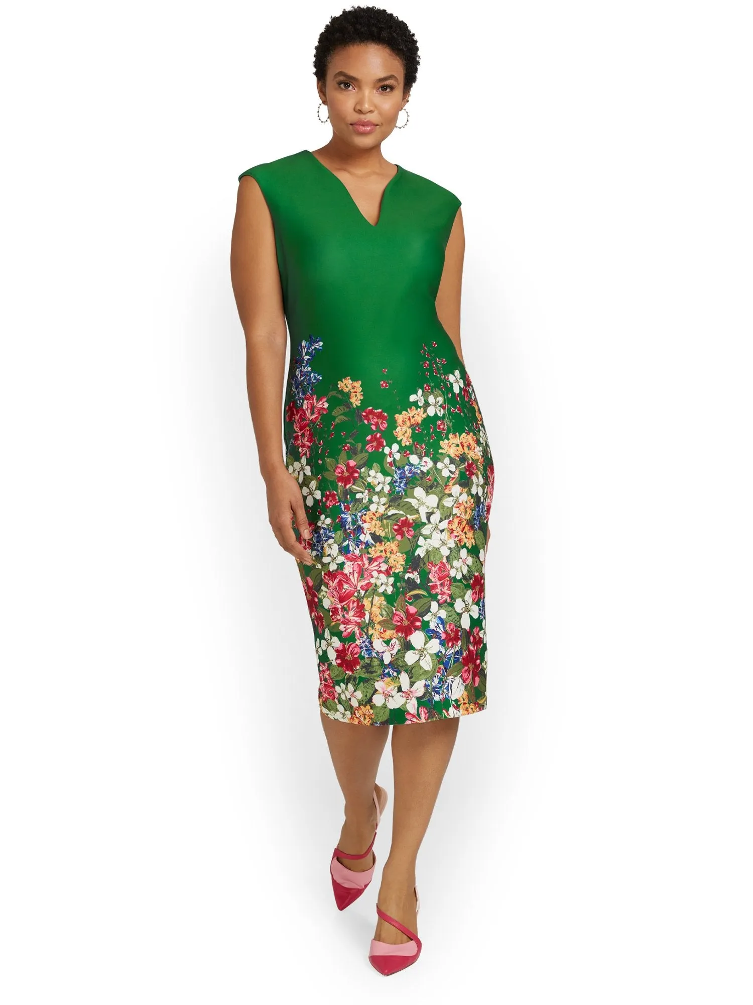 Petite Floral-Print V-Neck Sheath Dress