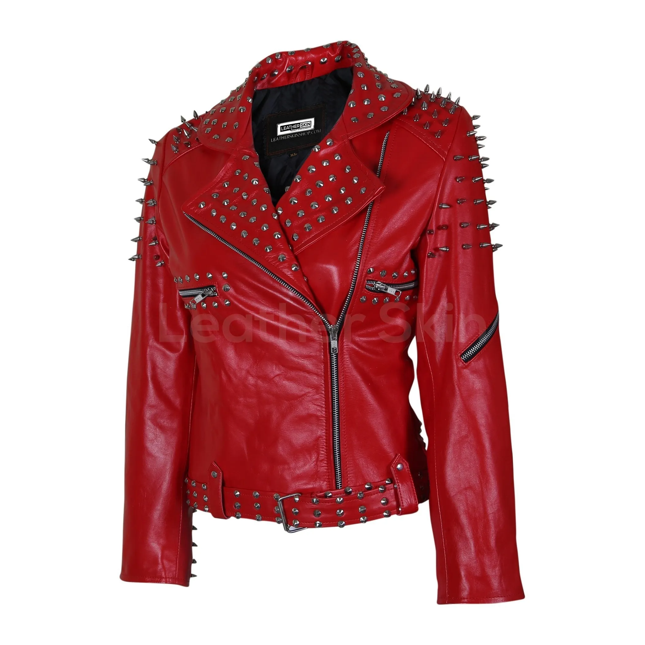 Red Leather Jacket with Cone and Tree Spike Studs