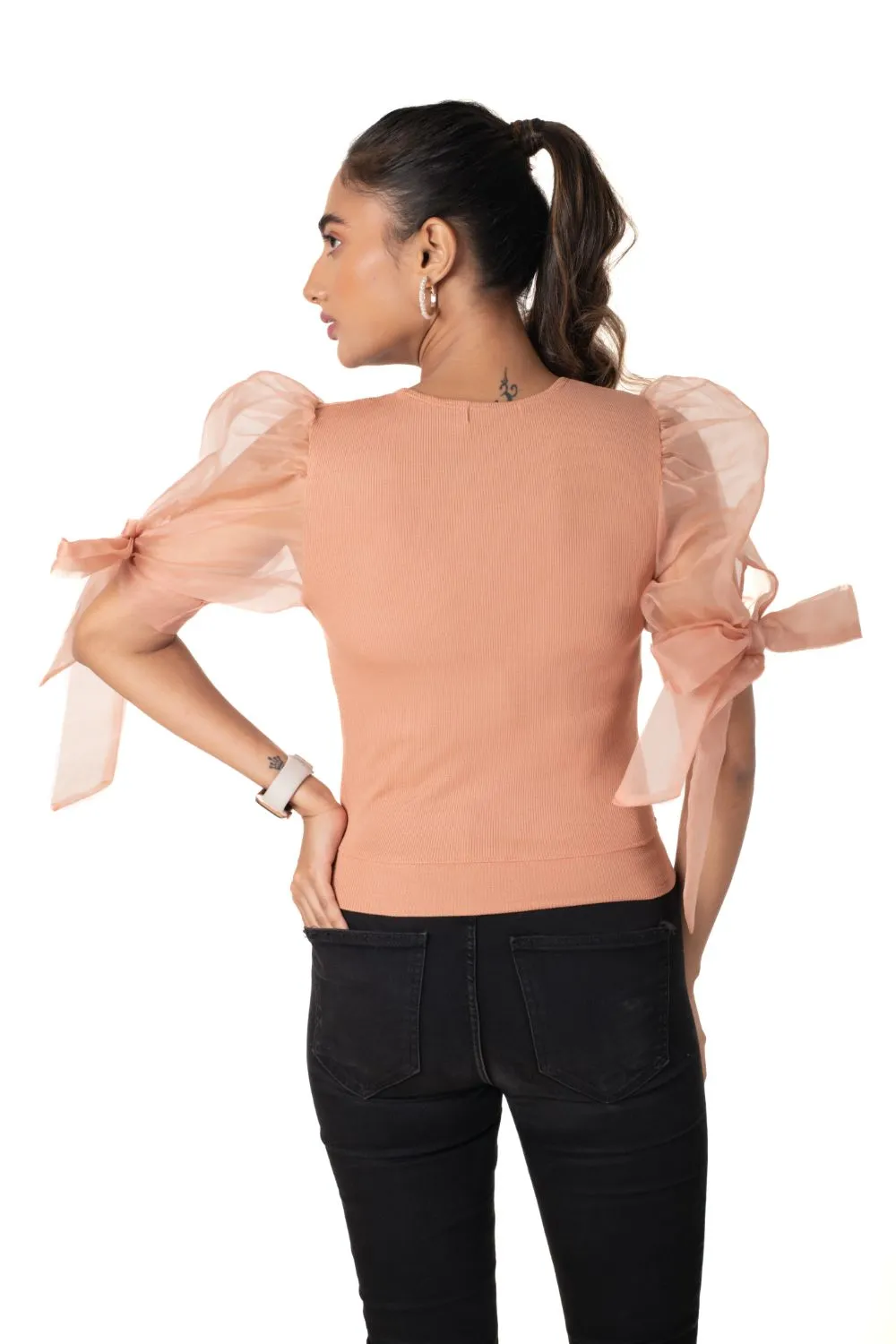 Round neck Blouses with Bow Tied-up Sleeves- Plus Size