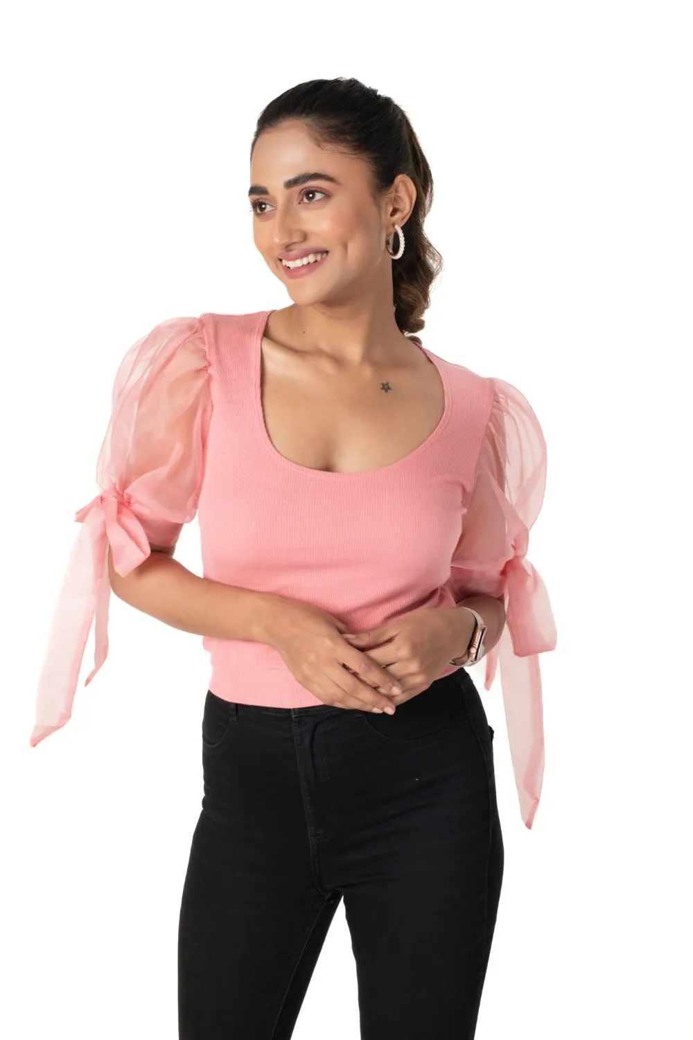 Round neck Blouses with Bow Tied-up Sleeves- Plus Size