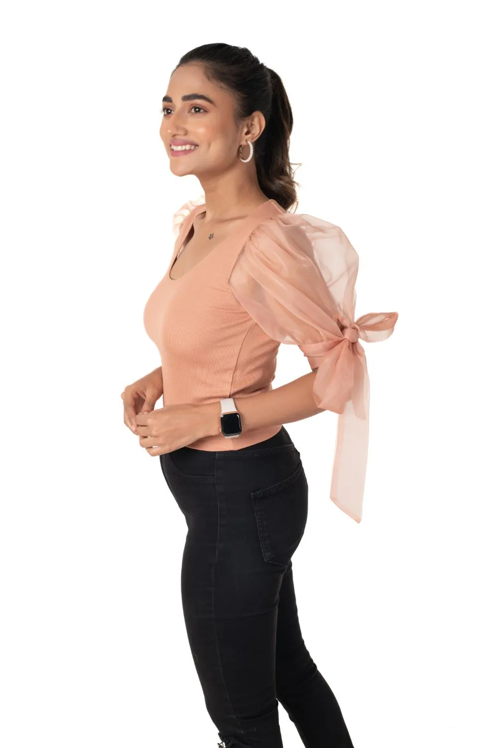 Round neck Blouses with Bow Tied-up Sleeves- Plus Size