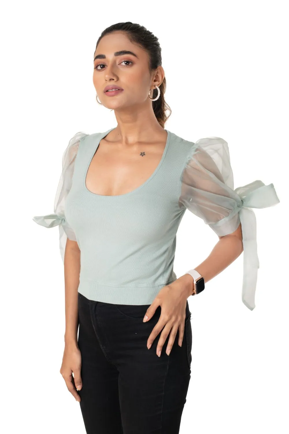 Round neck Blouses with Bow Tied-up Sleeves- Plus Size