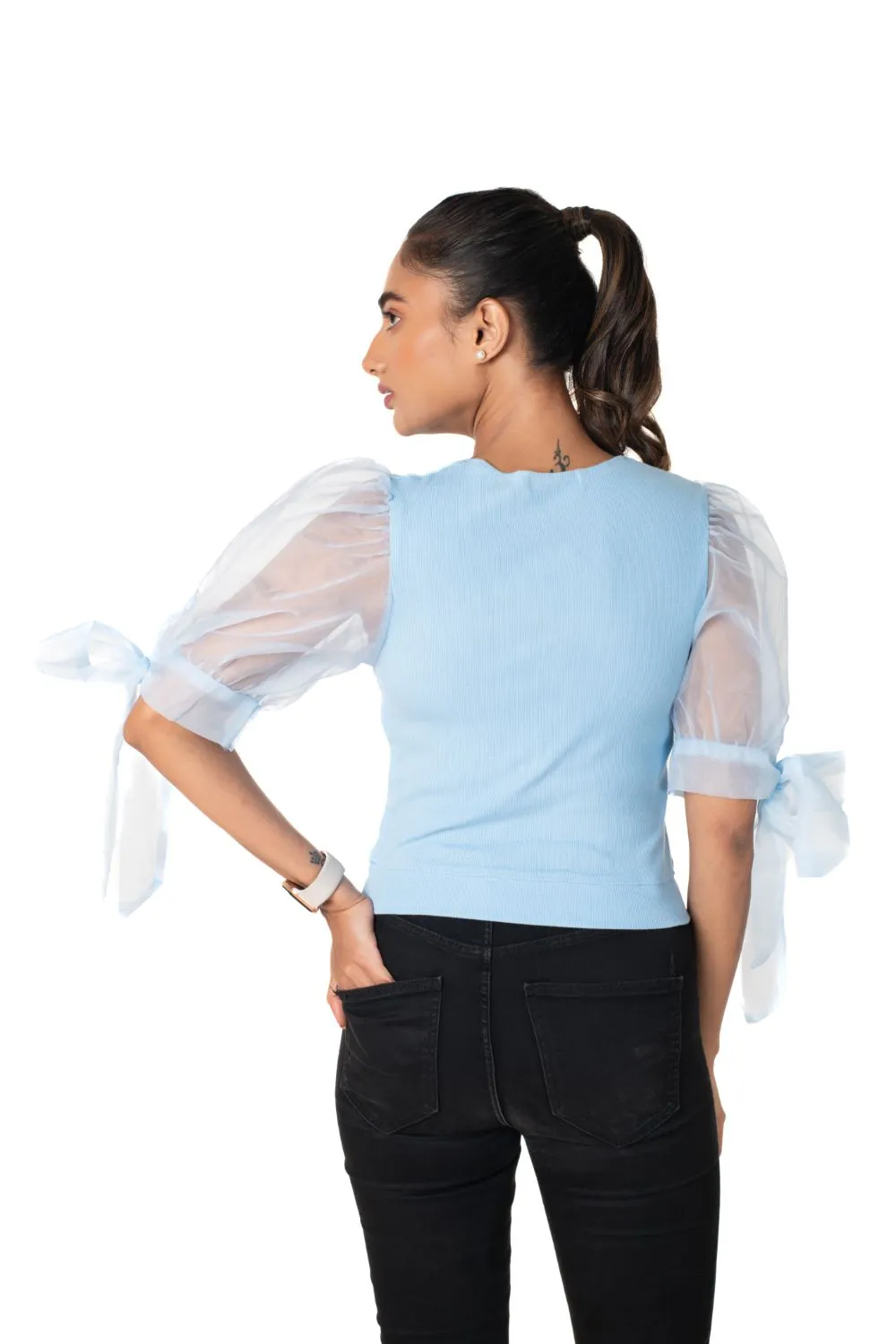 Round neck Blouses with Bow Tied-up Sleeves- Plus Size