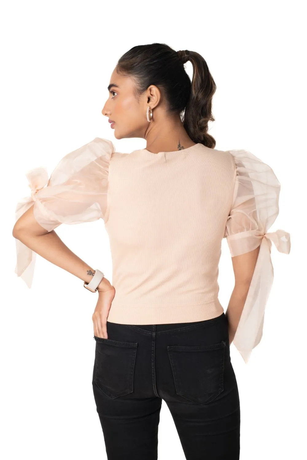 Round neck Blouses with Bow Tied-up Sleeves- Plus Size