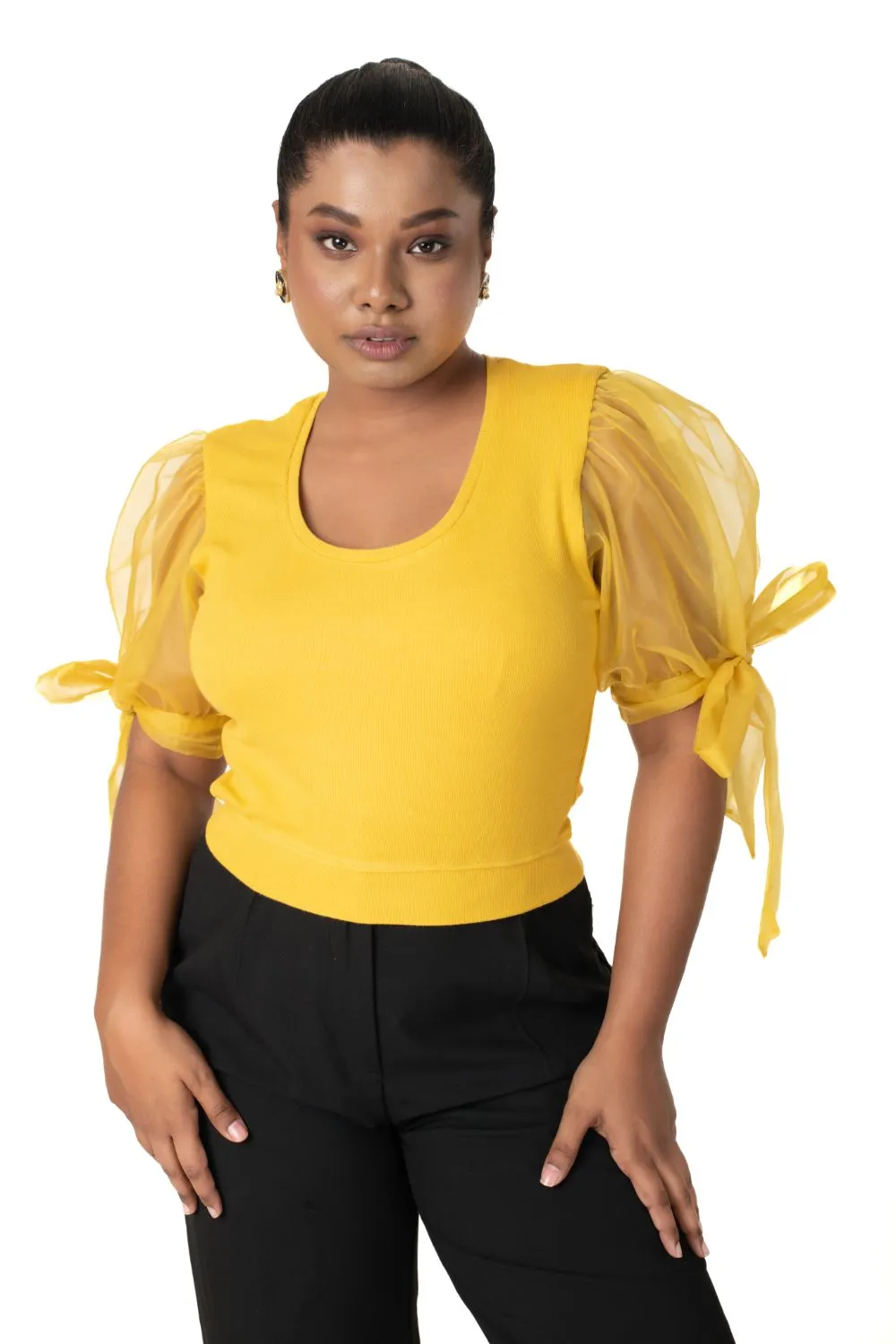 Round neck Blouses with Bow Tied-up Sleeves- Plus Size