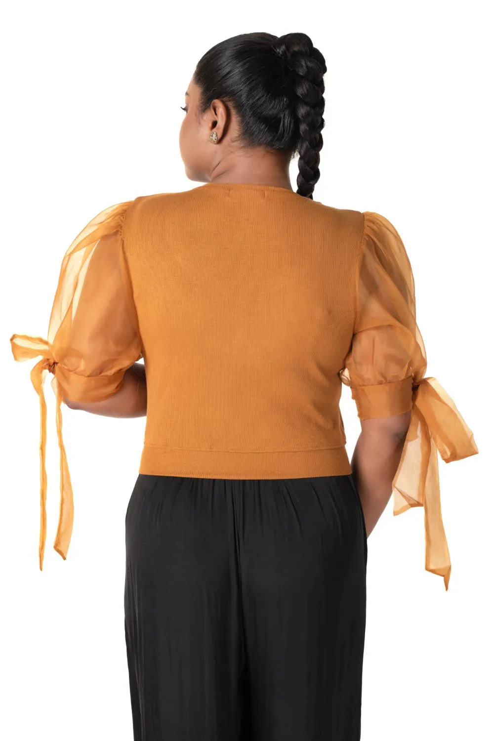 Round neck Blouses with Bow Tied-up Sleeves- Plus Size