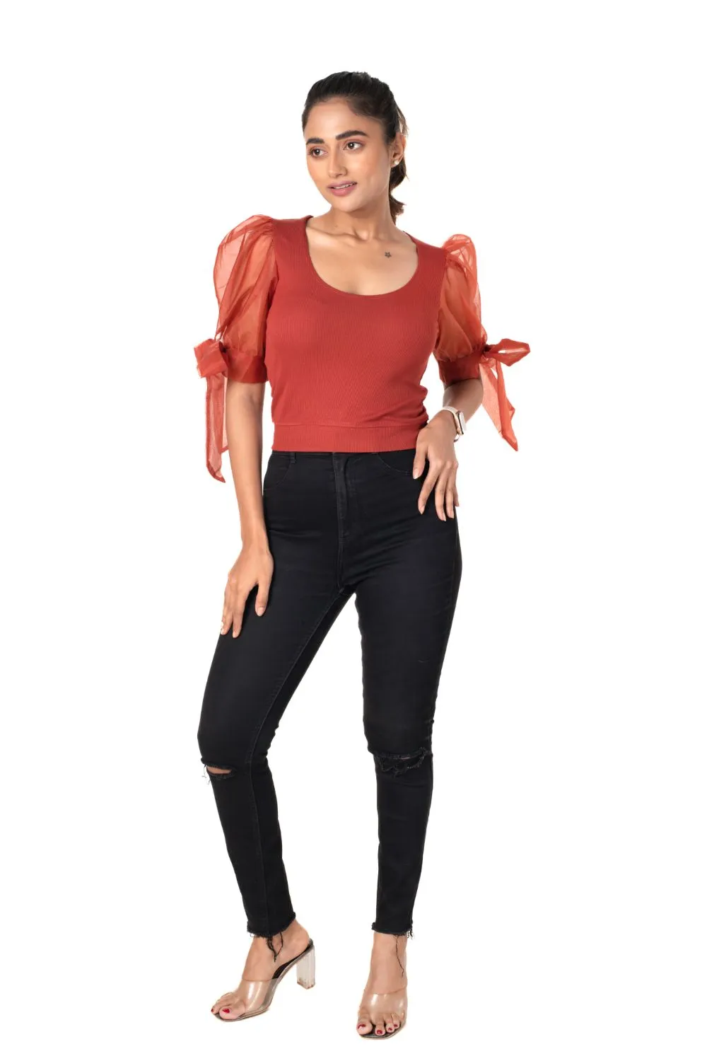 Round neck Blouses with Bow Tied-up Sleeves- Plus Size