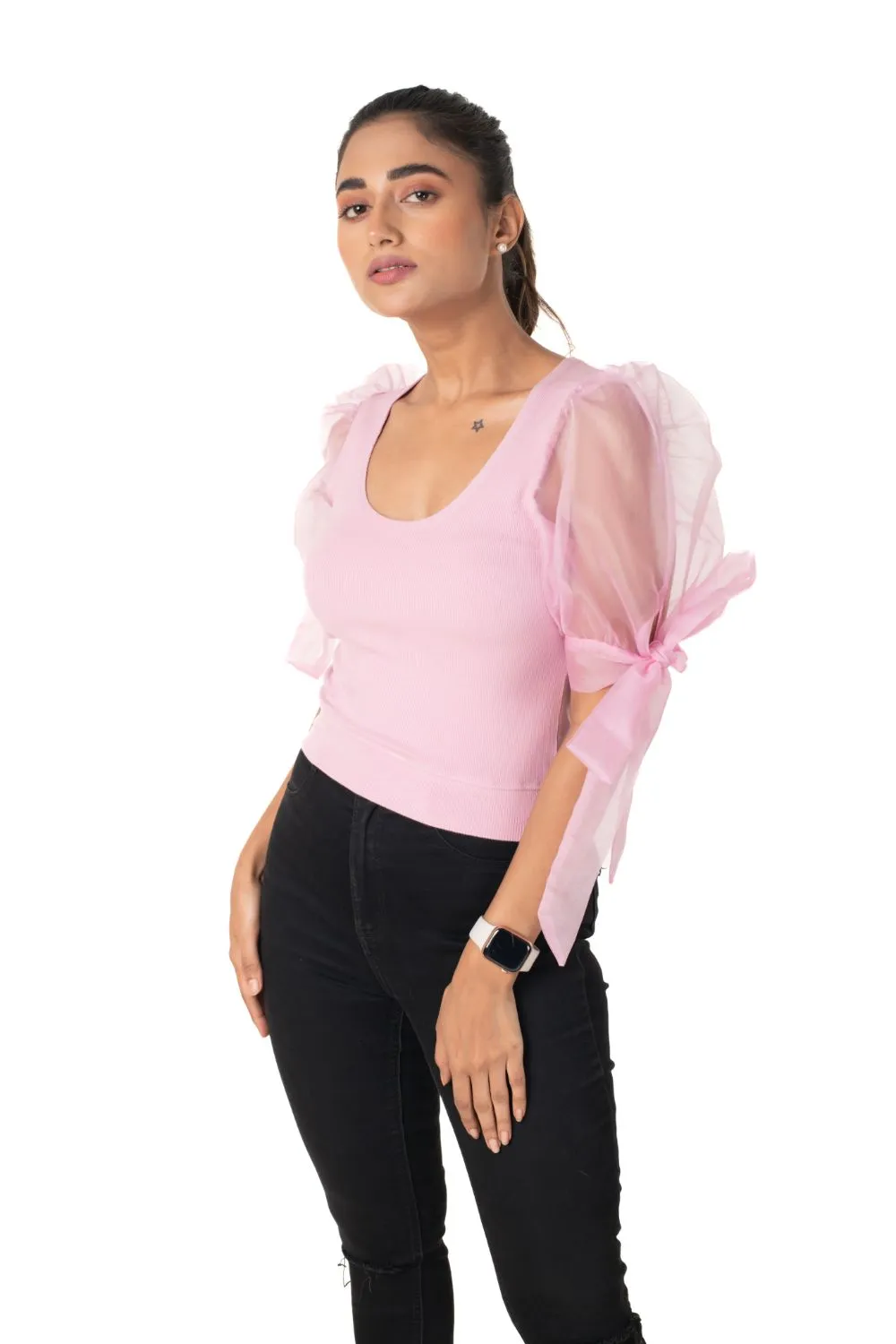 Round neck Blouses with Bow Tied-up Sleeves- Plus Size