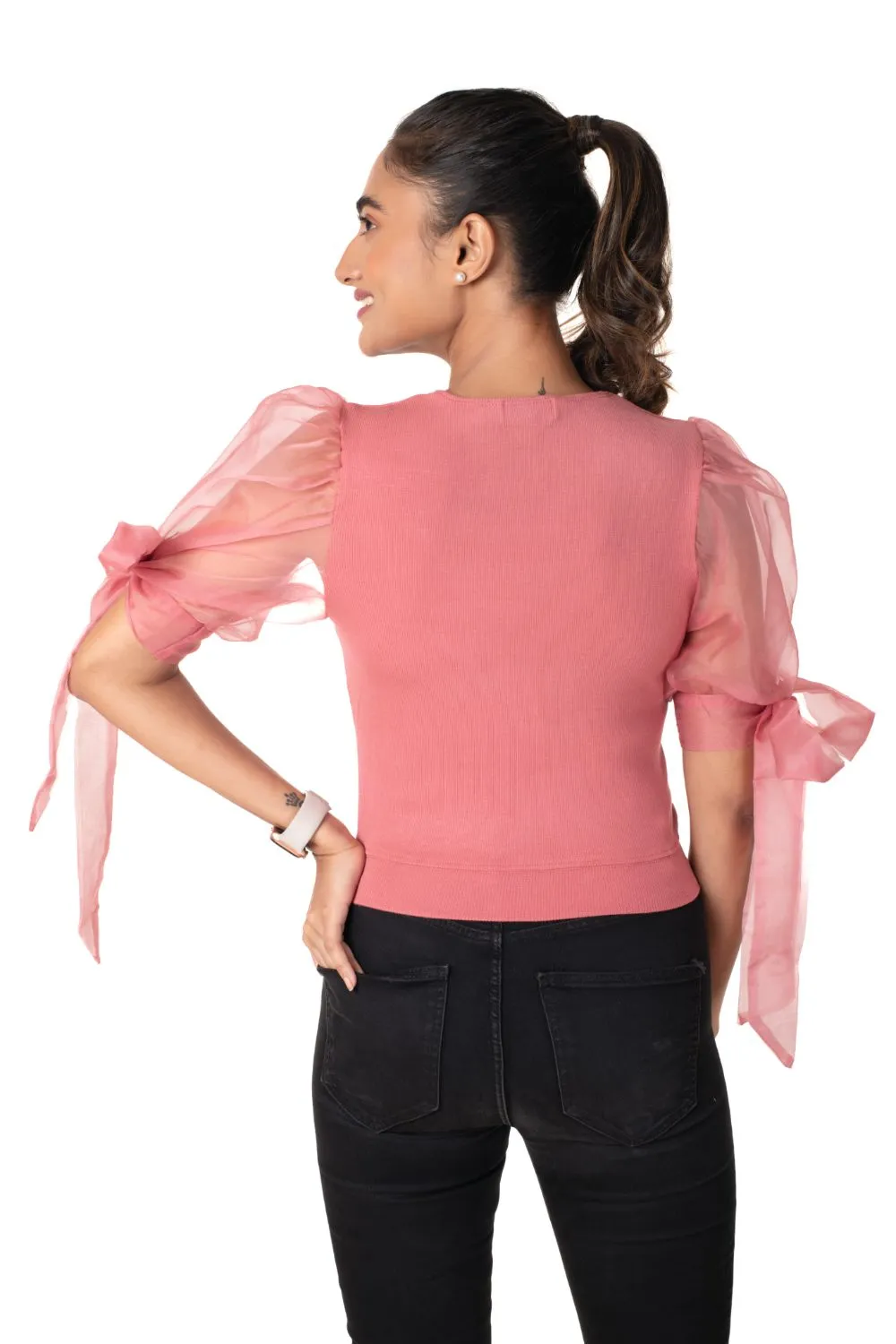 Round neck Blouses with Bow Tied-up Sleeves- Plus Size