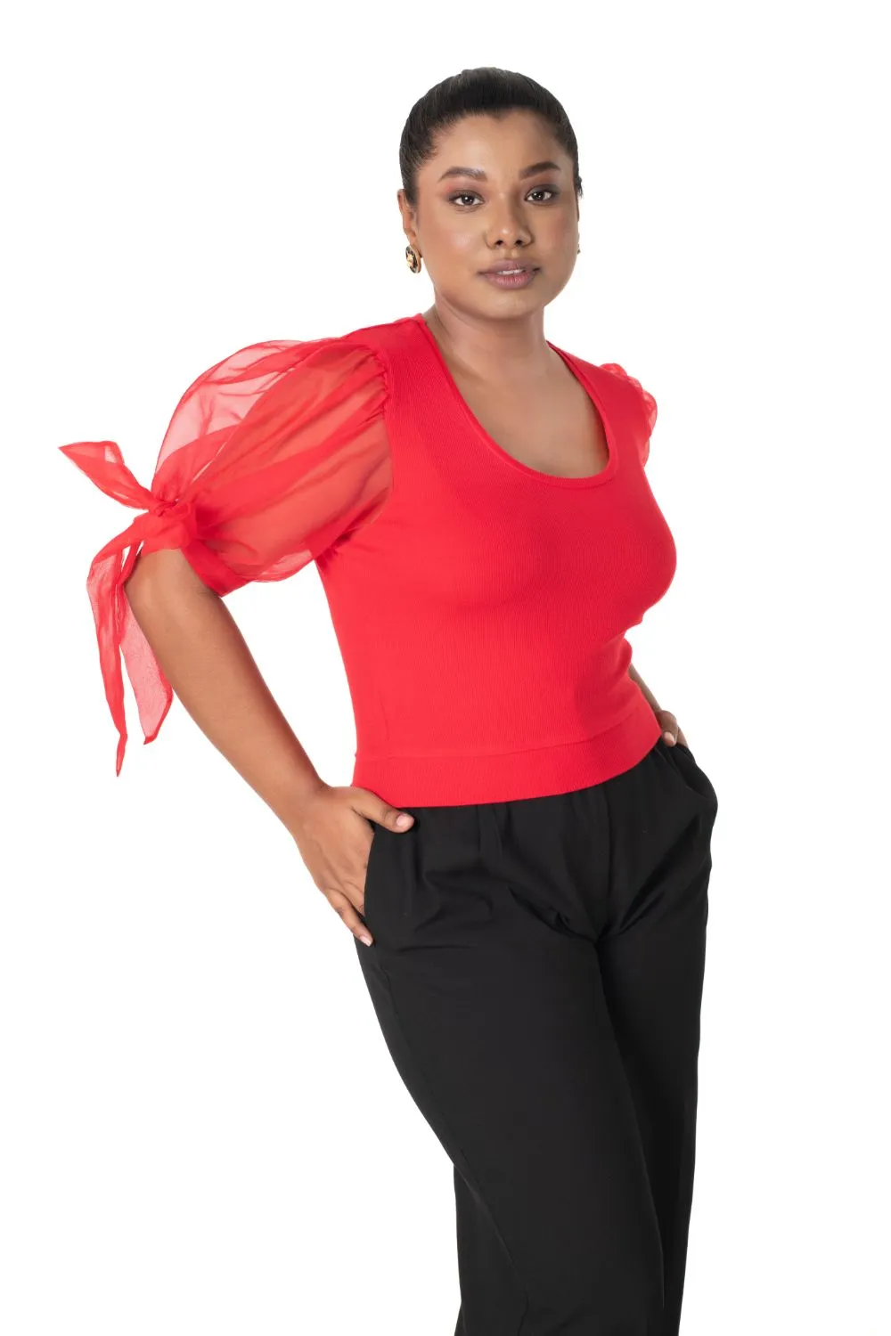 Round neck Blouses with Bow Tied-up Sleeves- Plus Size