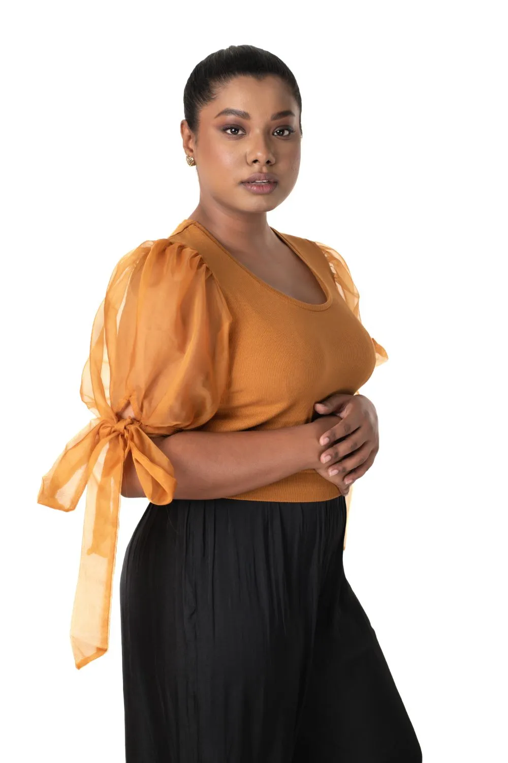 Round neck Blouses with Bow Tied-up Sleeves- Plus Size