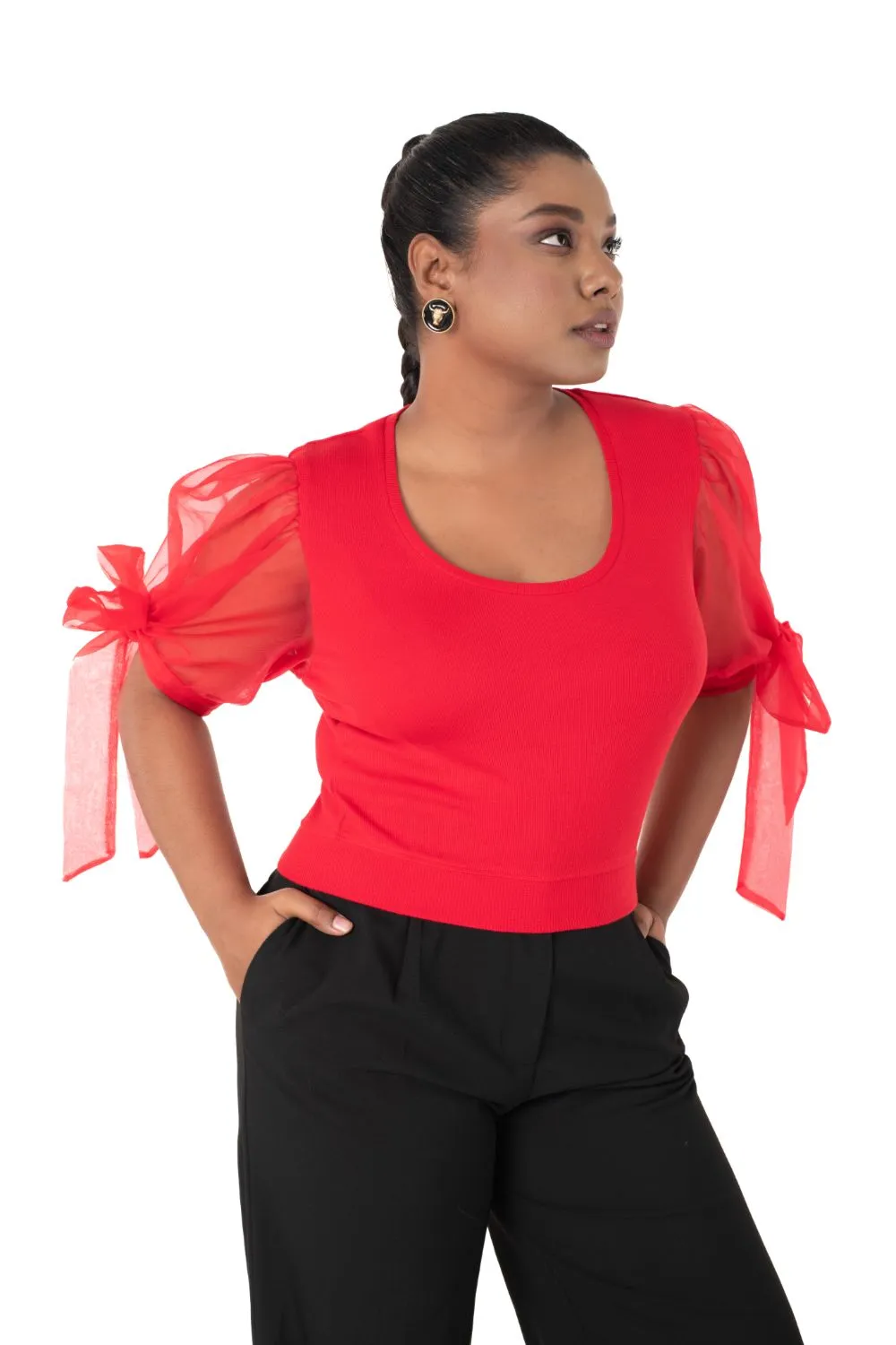 Round neck Blouses with Bow Tied-up Sleeves- Plus Size