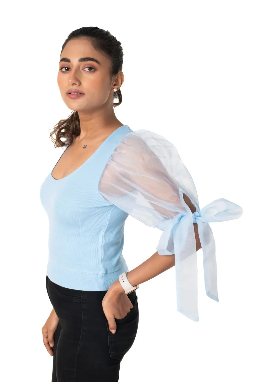 Round neck Blouses with Bow Tied-up Sleeves- Plus Size