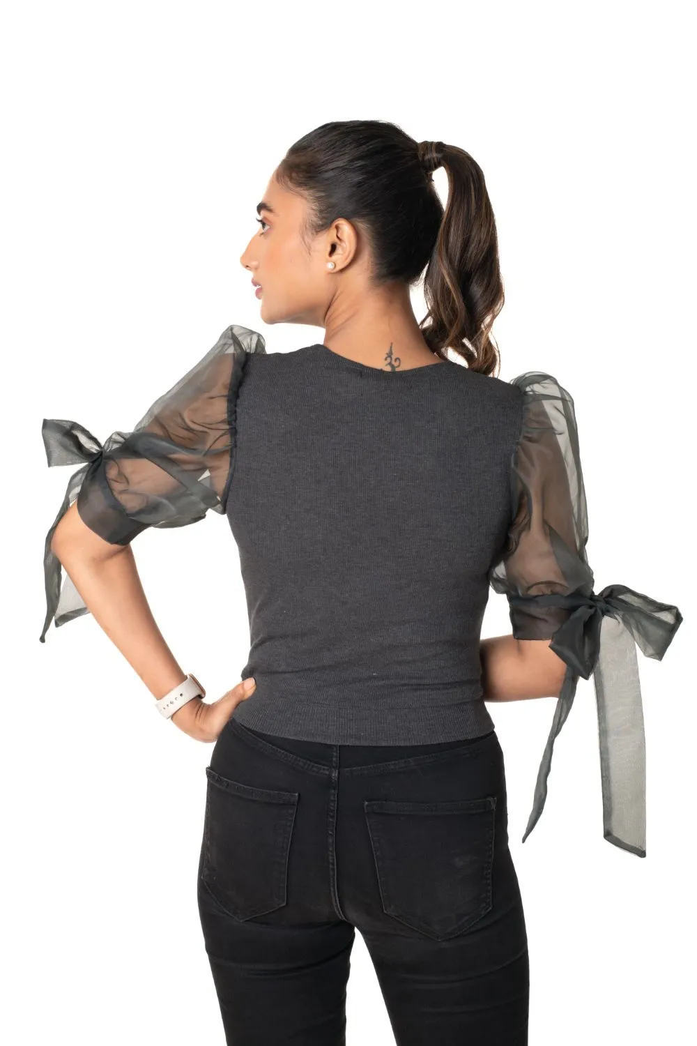 Round neck Blouses with Bow Tied-up Sleeves- Plus Size