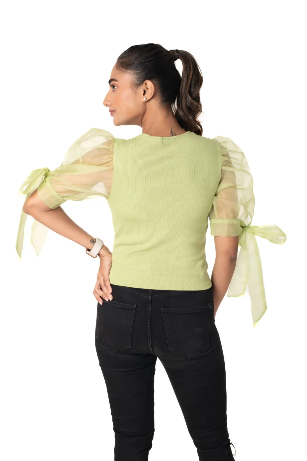 Round neck Blouses with Bow Tied-up Sleeves- Plus Size