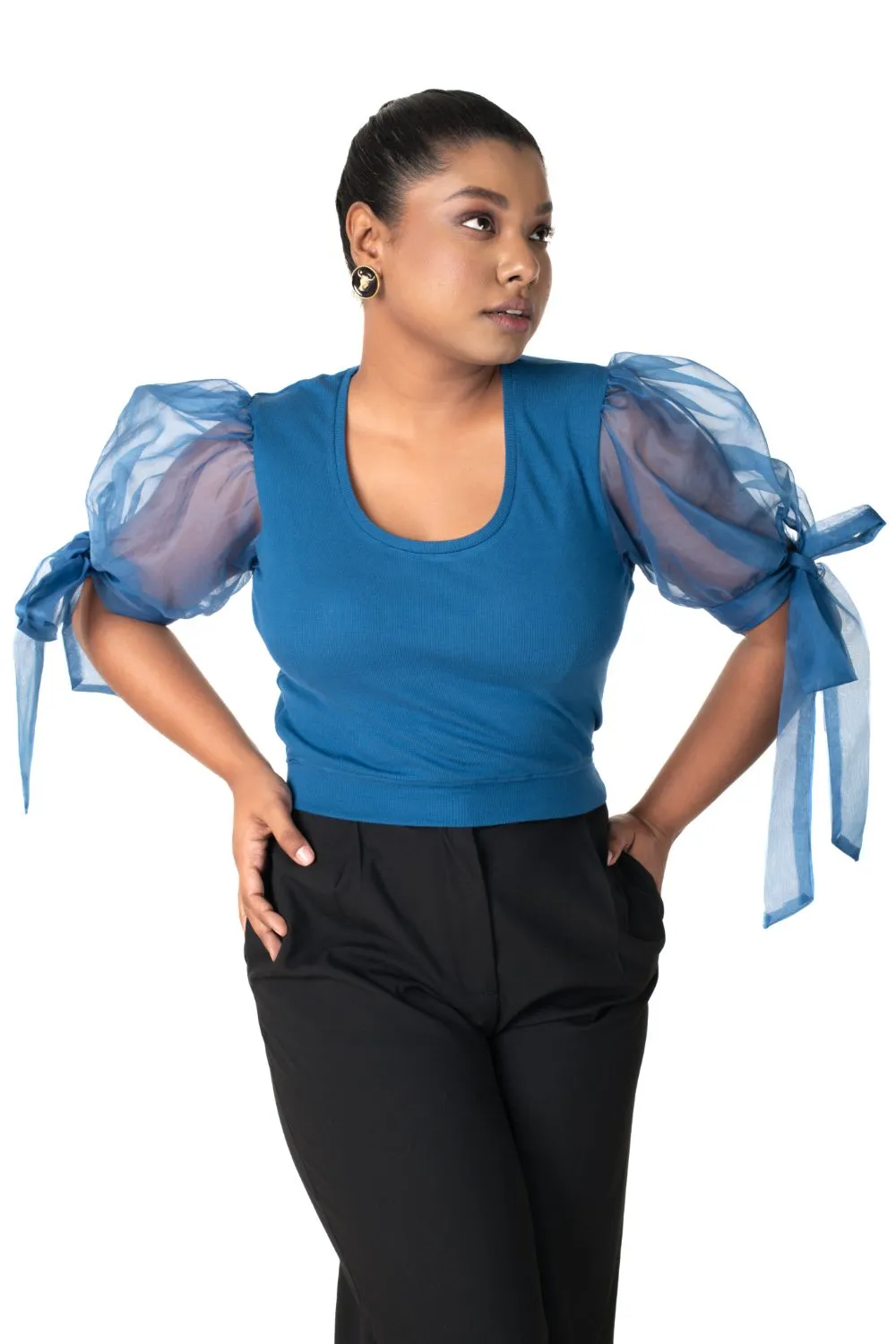 Round neck Blouses with Bow Tied-up Sleeves- Plus Size