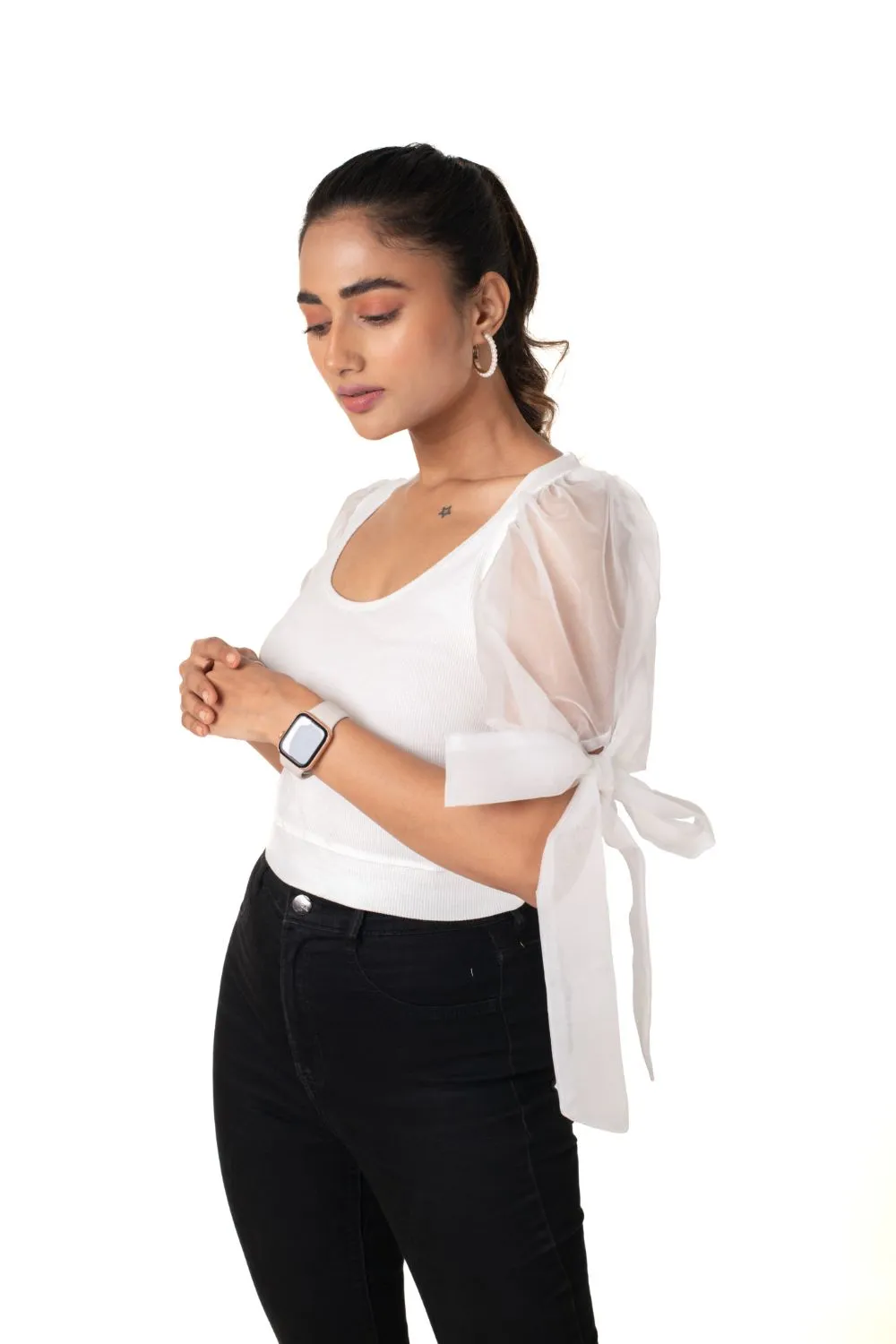 Round neck Blouses with Bow Tied-up Sleeves- Plus Size