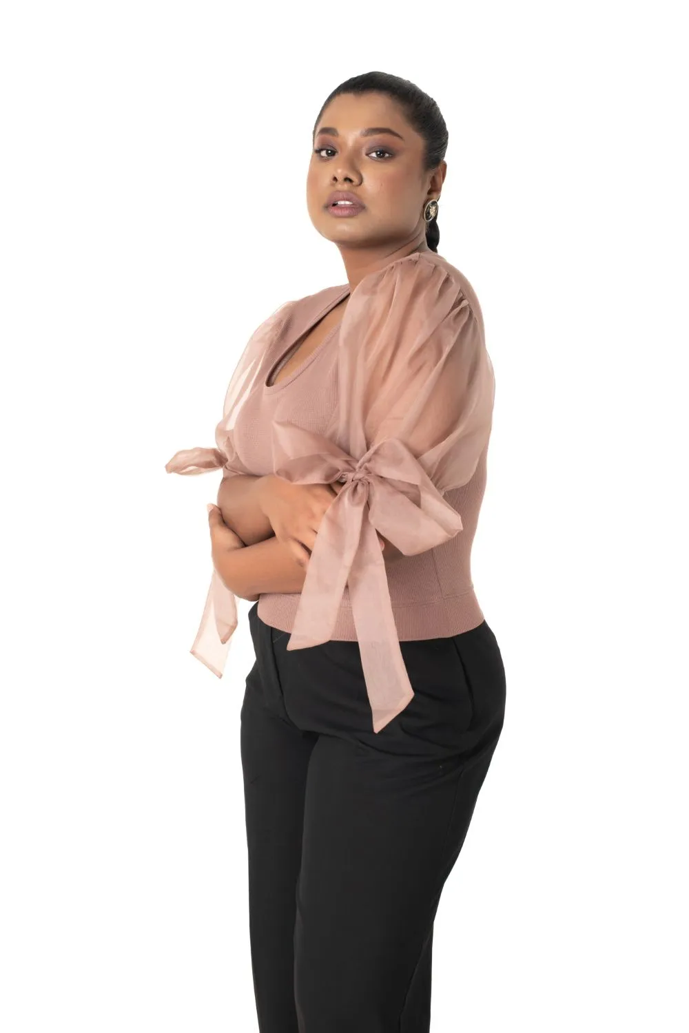 Round neck Blouses with Bow Tied-up Sleeves- Plus Size