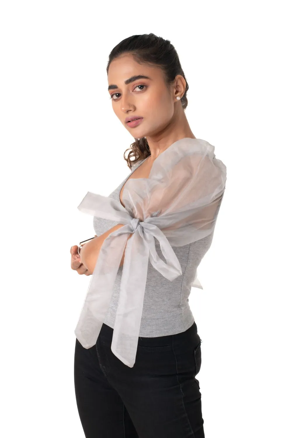 Round neck Blouses with Bow Tied-up Sleeves- Plus Size