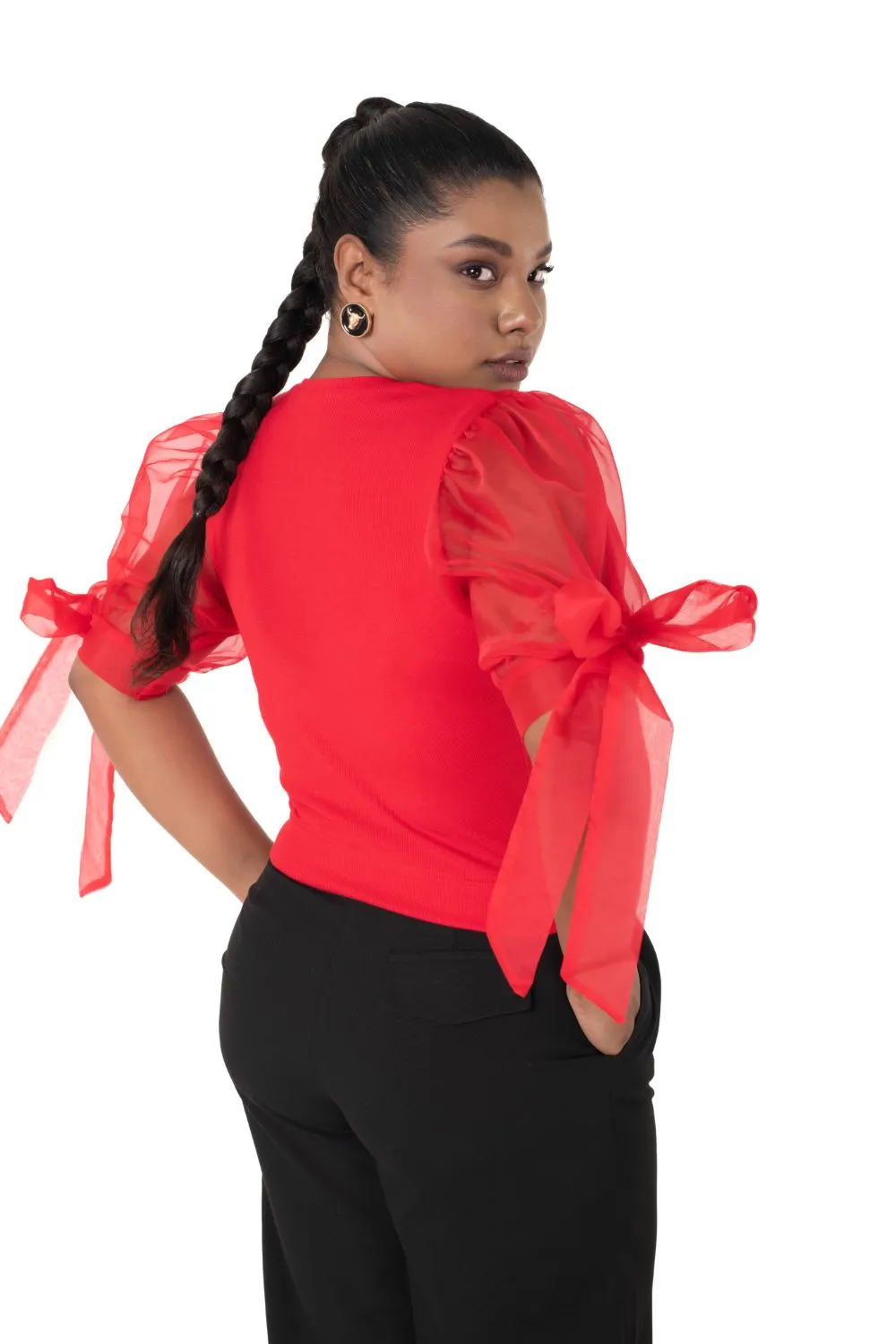 Round neck Blouses with Bow Tied-up Sleeves- Plus Size