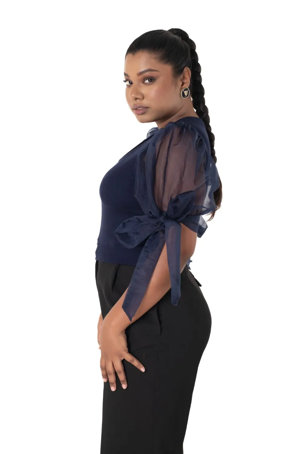 Round neck Blouses with Bow Tied-up Sleeves- Plus Size