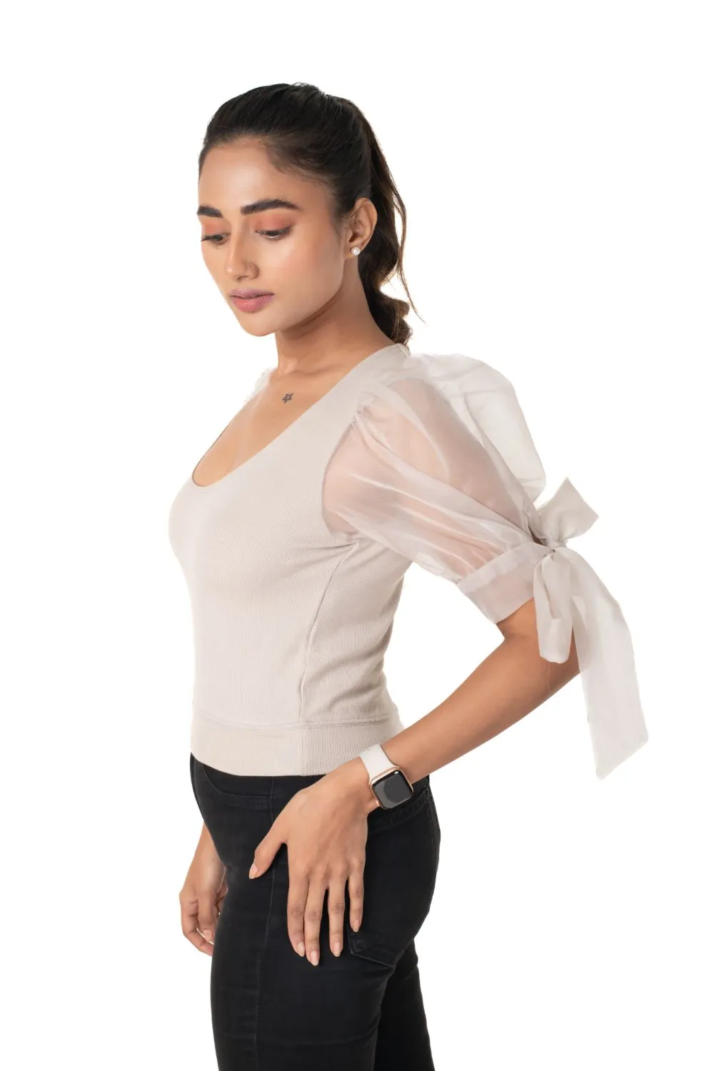 Round neck Blouses with Bow Tied-up Sleeves- Plus Size