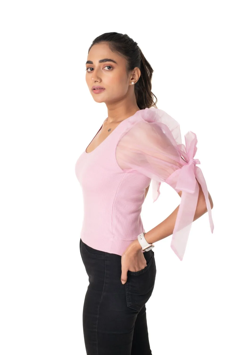 Round neck Blouses with Bow Tied-up Sleeves- Plus Size