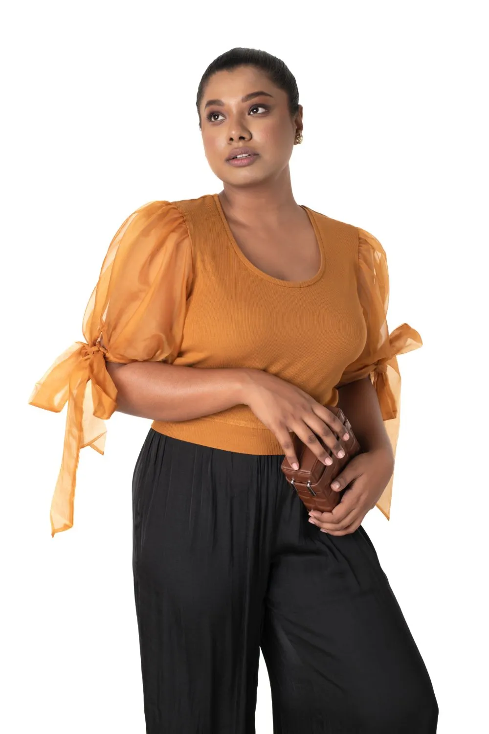 Round neck Blouses with Bow Tied-up Sleeves- Plus Size