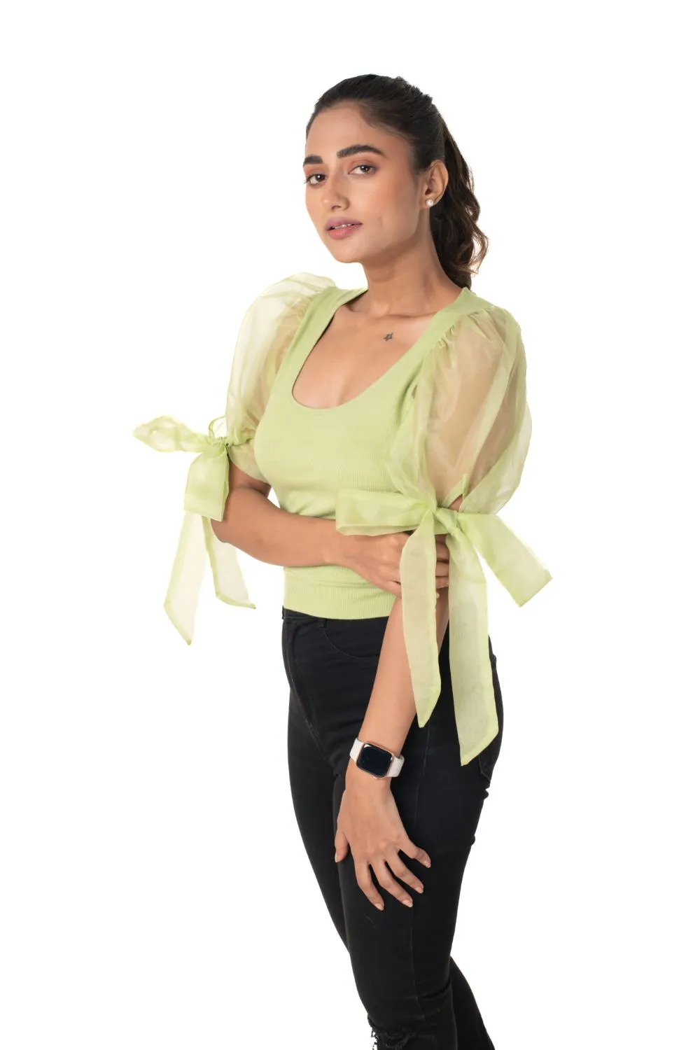 Round neck Blouses with Bow Tied-up Sleeves- Plus Size