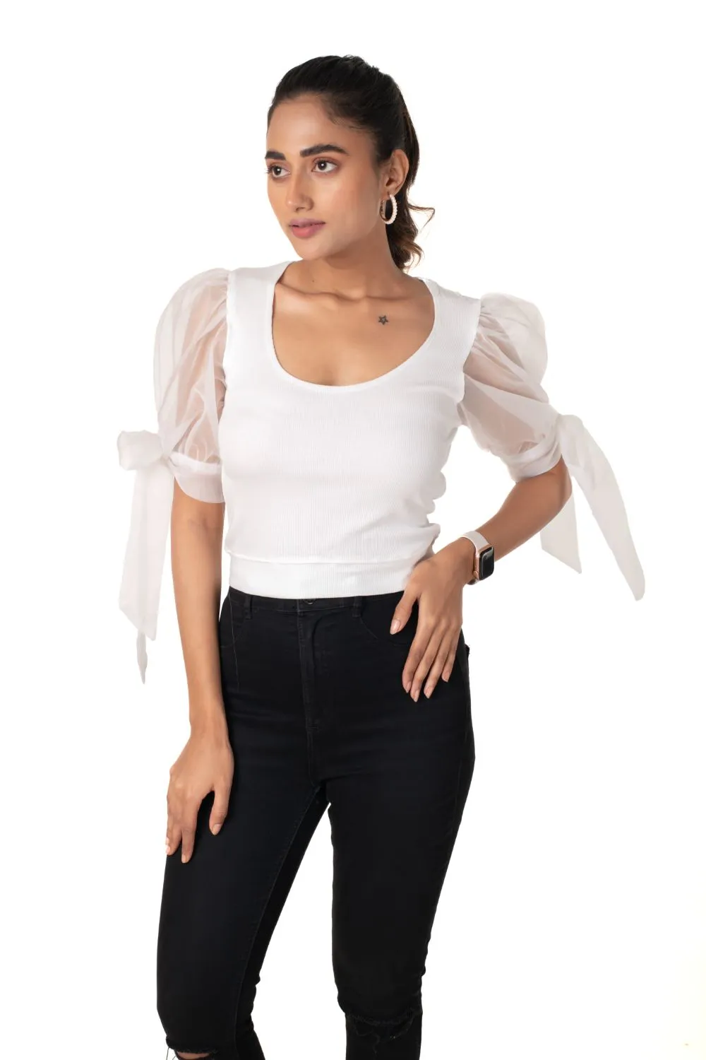 Round neck Blouses with Bow Tied-up Sleeves- Plus Size