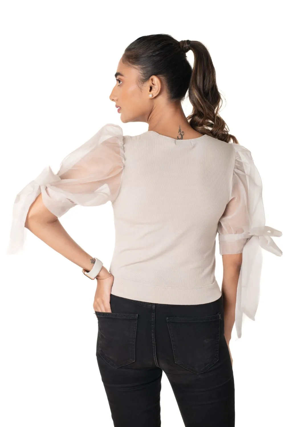 Round neck Blouses with Bow Tied-up Sleeves- Plus Size